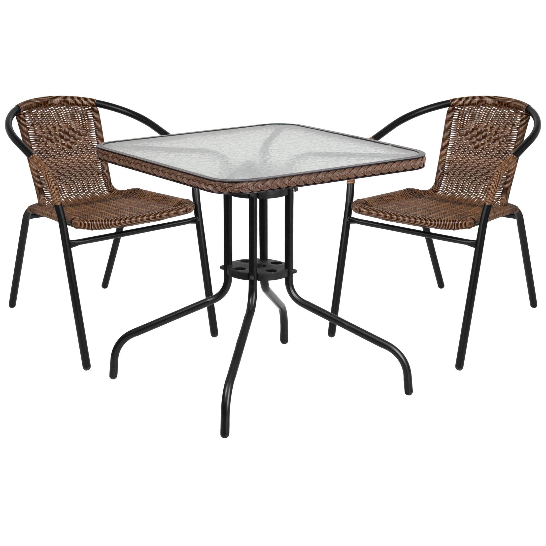 28'' Square Glass Table with Dark Brown Rattan Chairs