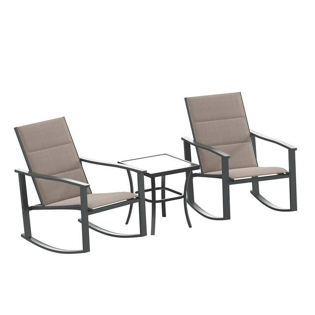 Flash Furniture Brazos 3 Piece Outdoor Rocking Chair Bistro Set with Flex Comfort Material and Steel Framed Glass Top Table, Brown/Black