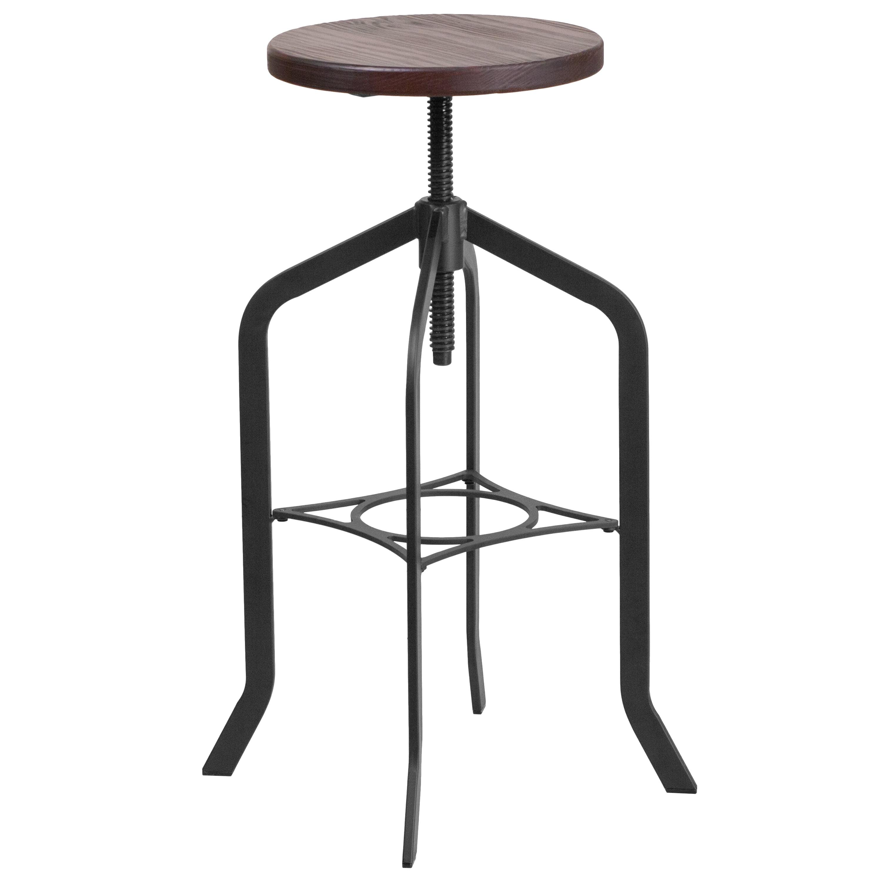 Rustic Industrial Adjustable Swivel Black Metal and Wood Barstool