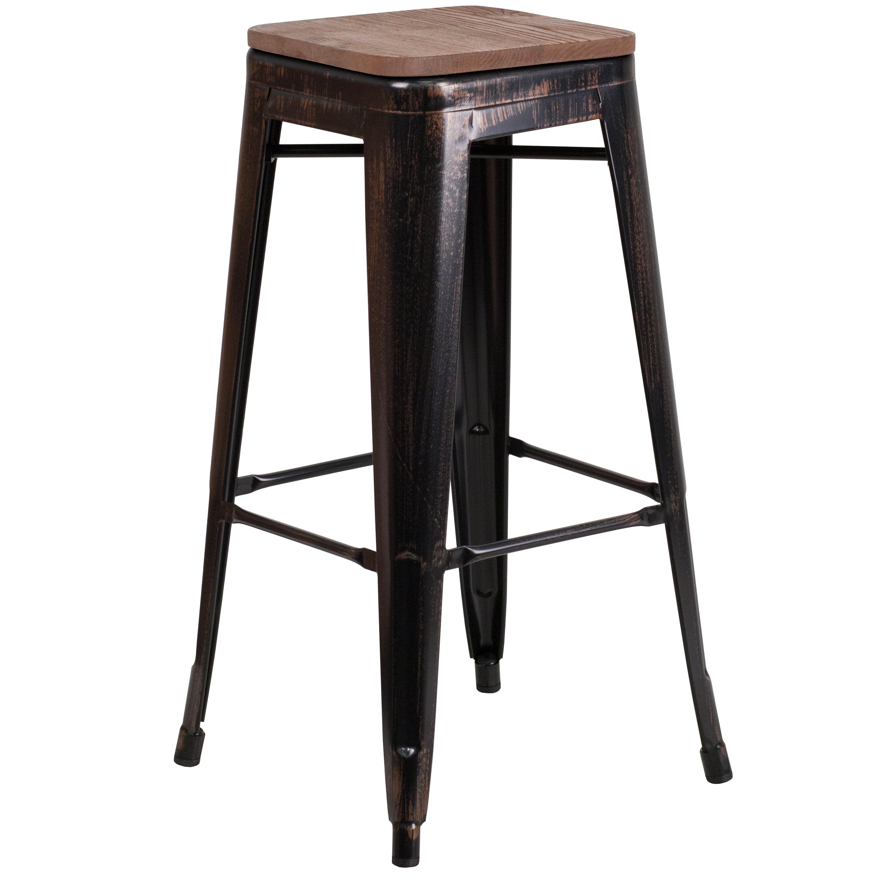 Flash Furniture Margherite 30" High Backless Metal Barstool with Square Wood Seat