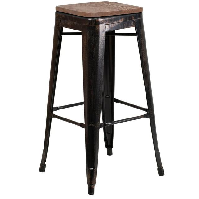 Flash Furniture Margherite 30" High Backless Metal Barstool with Square Wood Seat