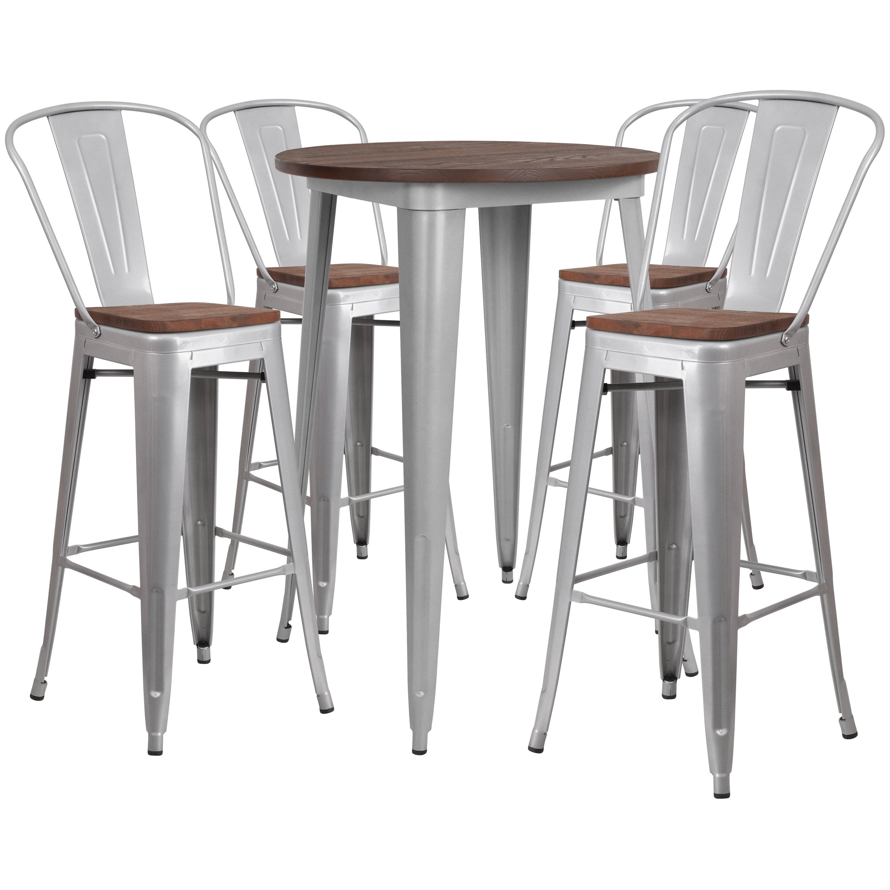 Bailey 30" Round Metal Bar Table Set with Wood Top and 4 Stools