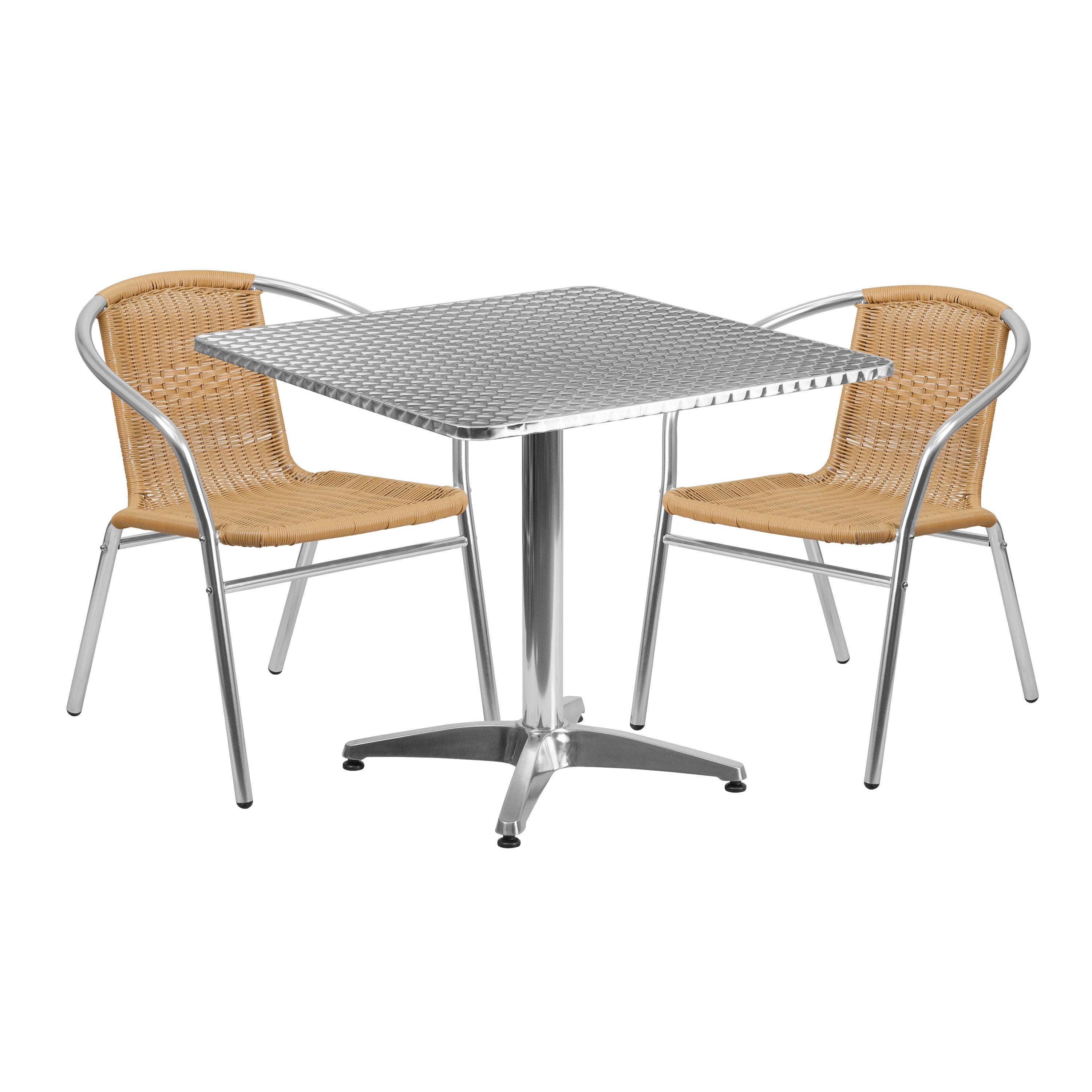 31.5'' Square Silver Stainless Steel Table Set with Beige Rattan Chairs