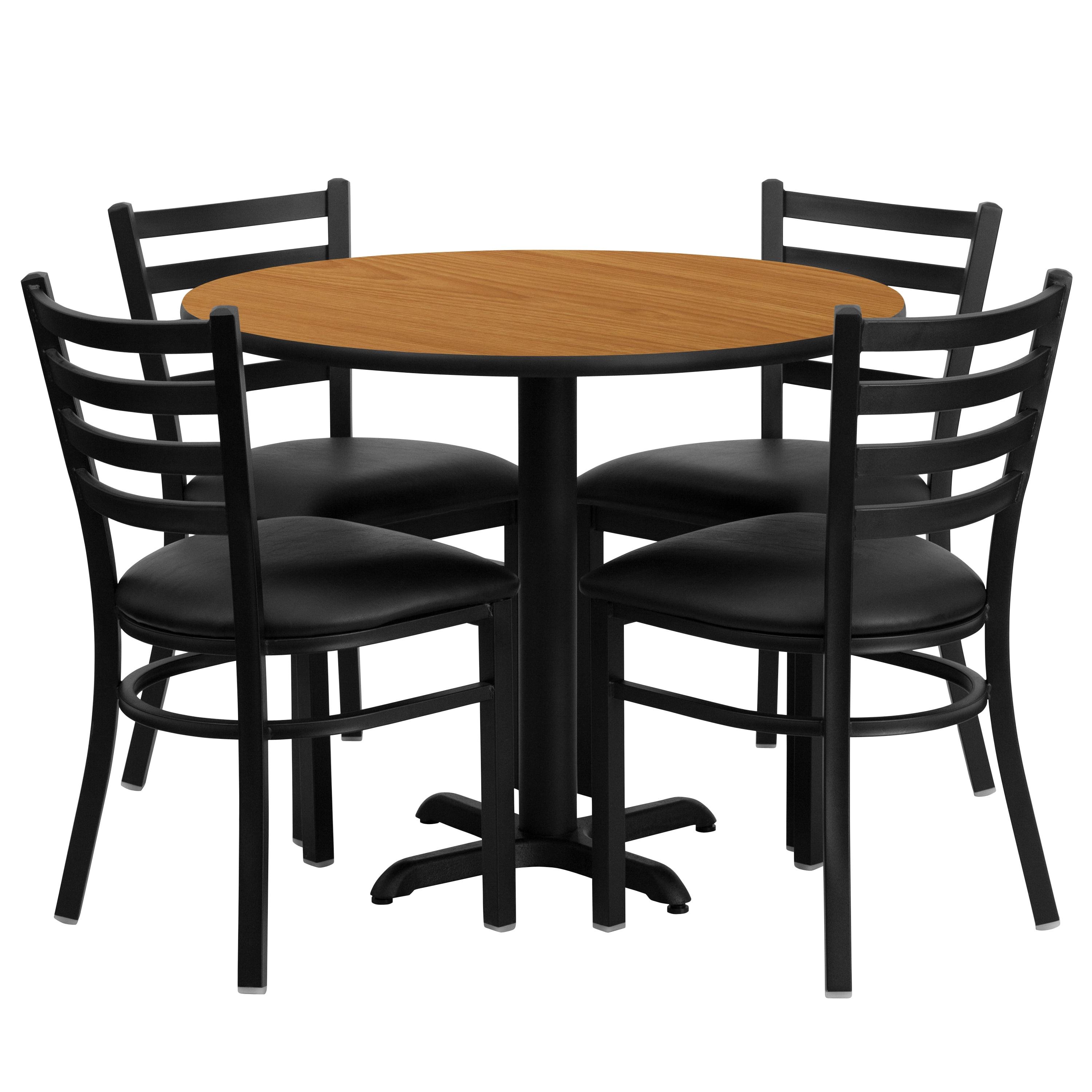 Flash Furniture 36'' Round Natural Laminate Table Set with X-Base and 4 Ladder Back Metal Chairs - Black Vinyl Seat