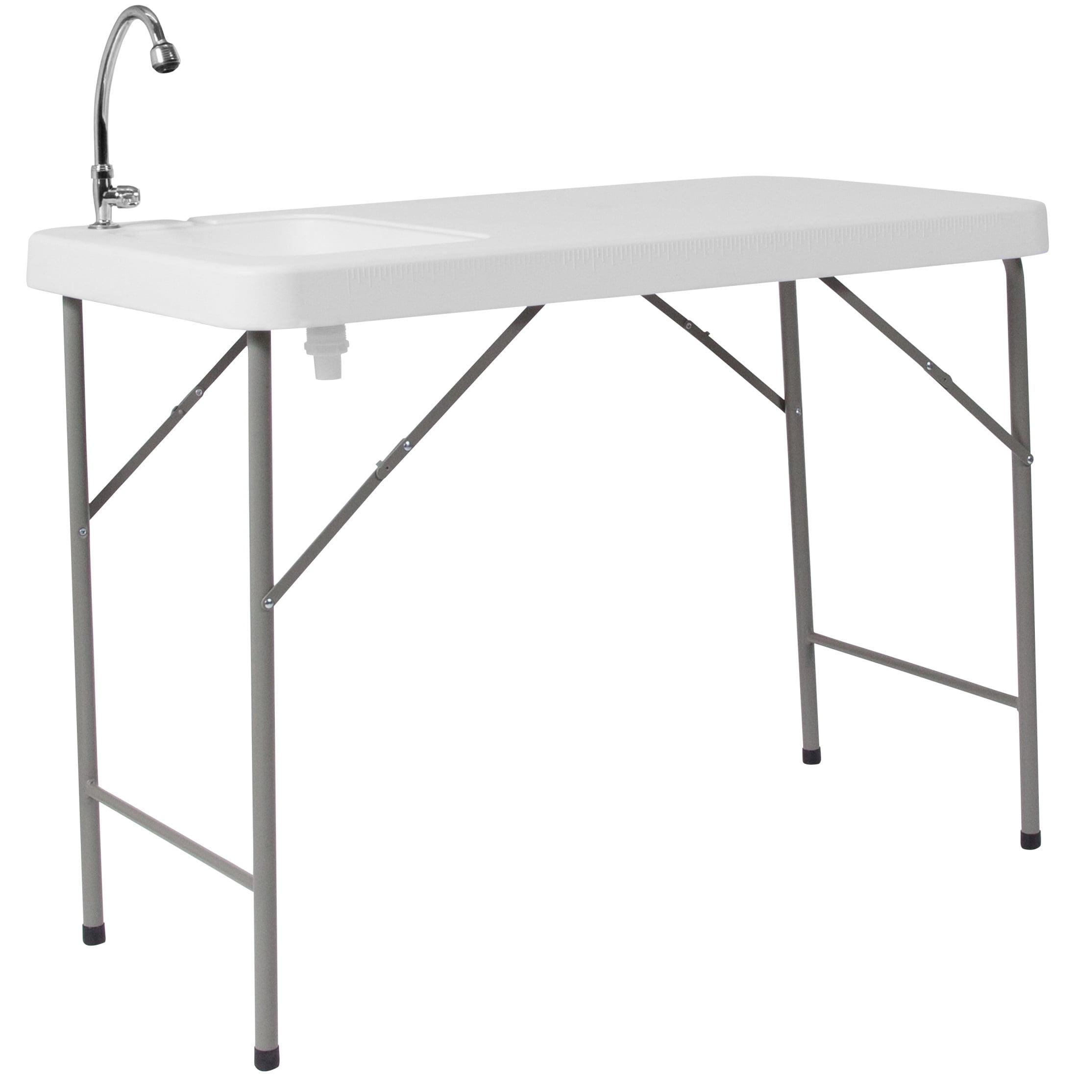 Flash Furniture Wesley 4' Portable Fish Cleaning Table/Folding Camping Table with Sink, White