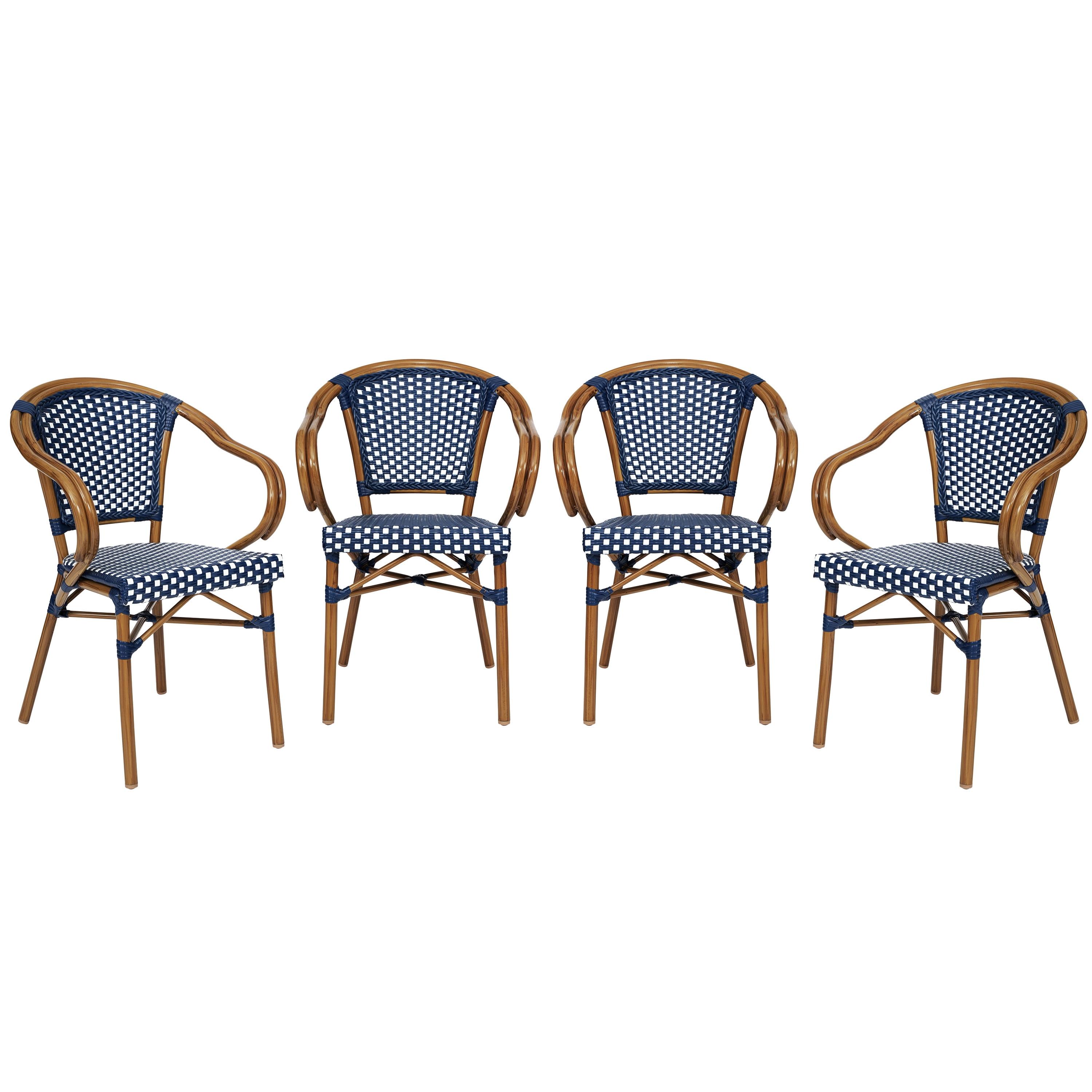 Flash Furniture 4 PK Bordeaux Indoor/Outdoor Commercial Bistro Stacking Chair w/ Arms, Navy & White PE Rattan & Bamboo Print Aluminum Frame in Natural