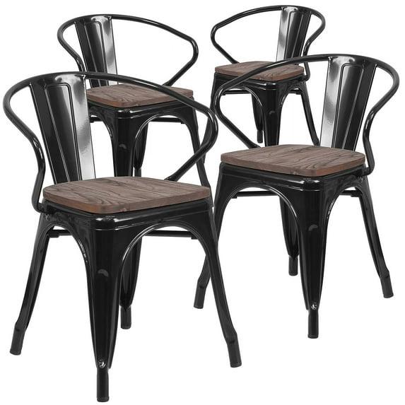 Flash Furniture 4 Pk. Black Metal Chair with Wood Seat and Arms