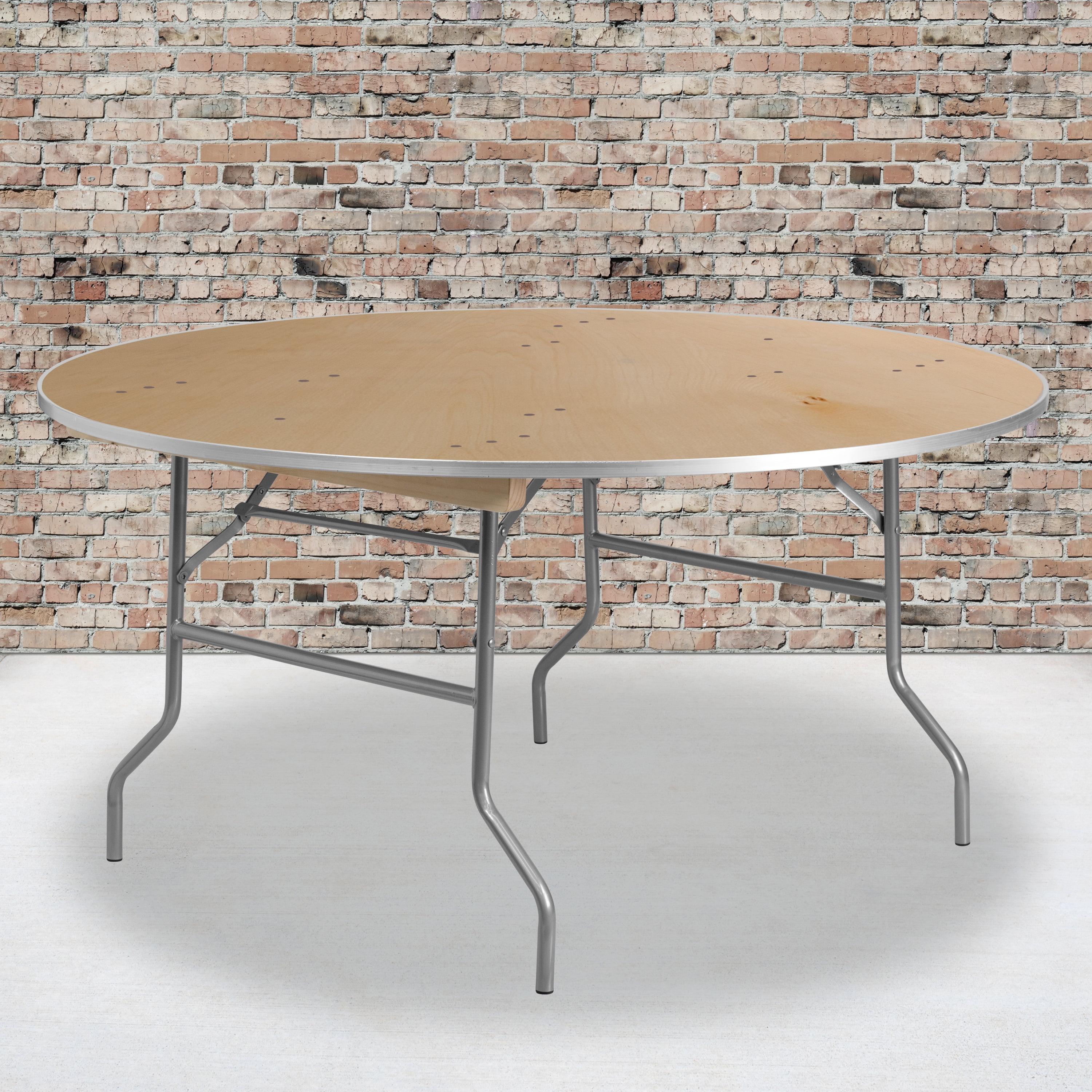 Elegant 60" Round Birchwood Folding Banquet Table with Silver Metal Edging