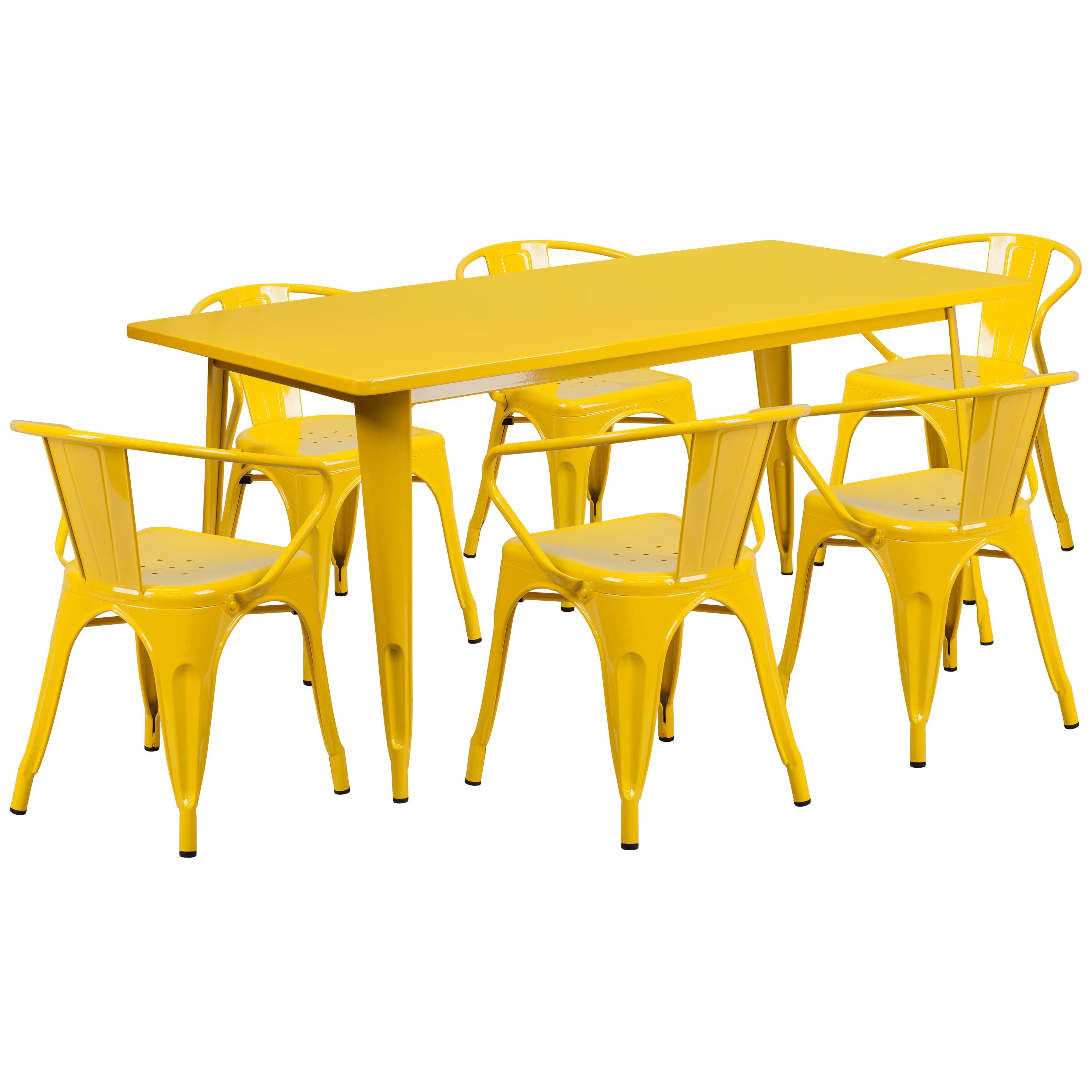 Flash Furniture Commercial Grade 31.5" x 63" Rectangular Yellow Metal Indoor-Outdoor Table Set with 6 Arm Chairs