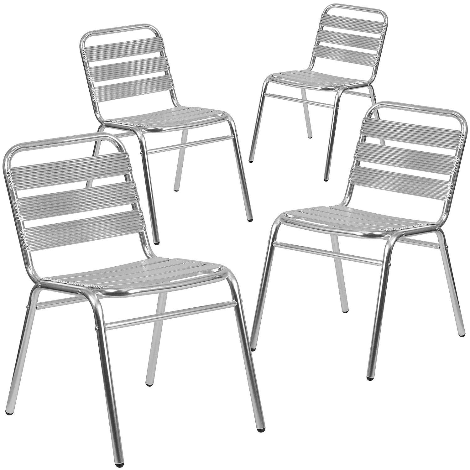 Gray Aluminum Armless Indoor-Outdoor Stackable Chairs with Cushions, Set of 4