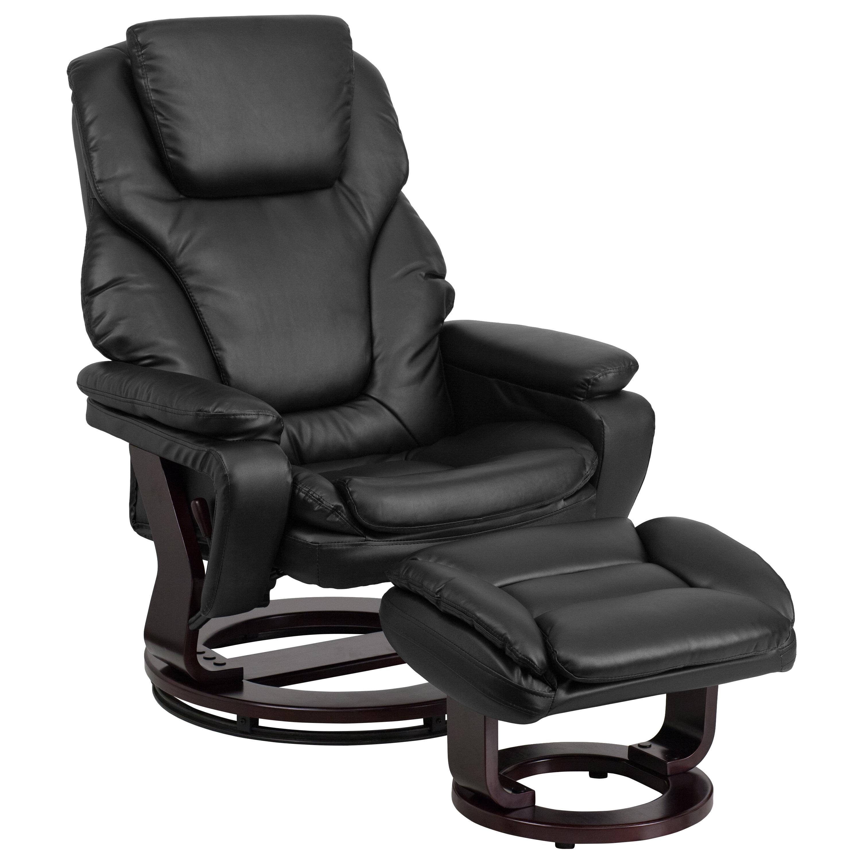 Black Leather Swivel Recliner with Ottoman and Wood Base