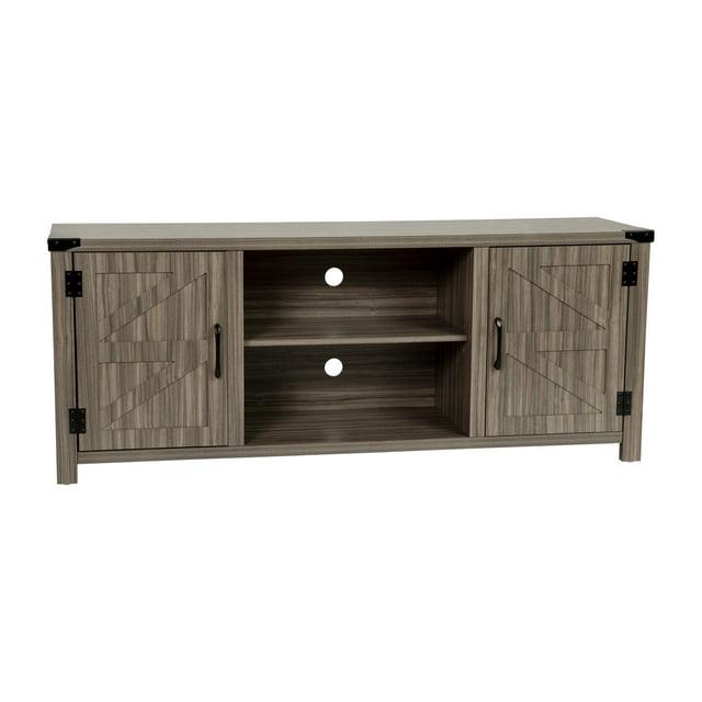 BizChair Modern Farmhouse Barn Door TV Stand - Gray Wash Oak for TV's up to 65 Inches - 59" Entertainment Center with Adjustable Shelf