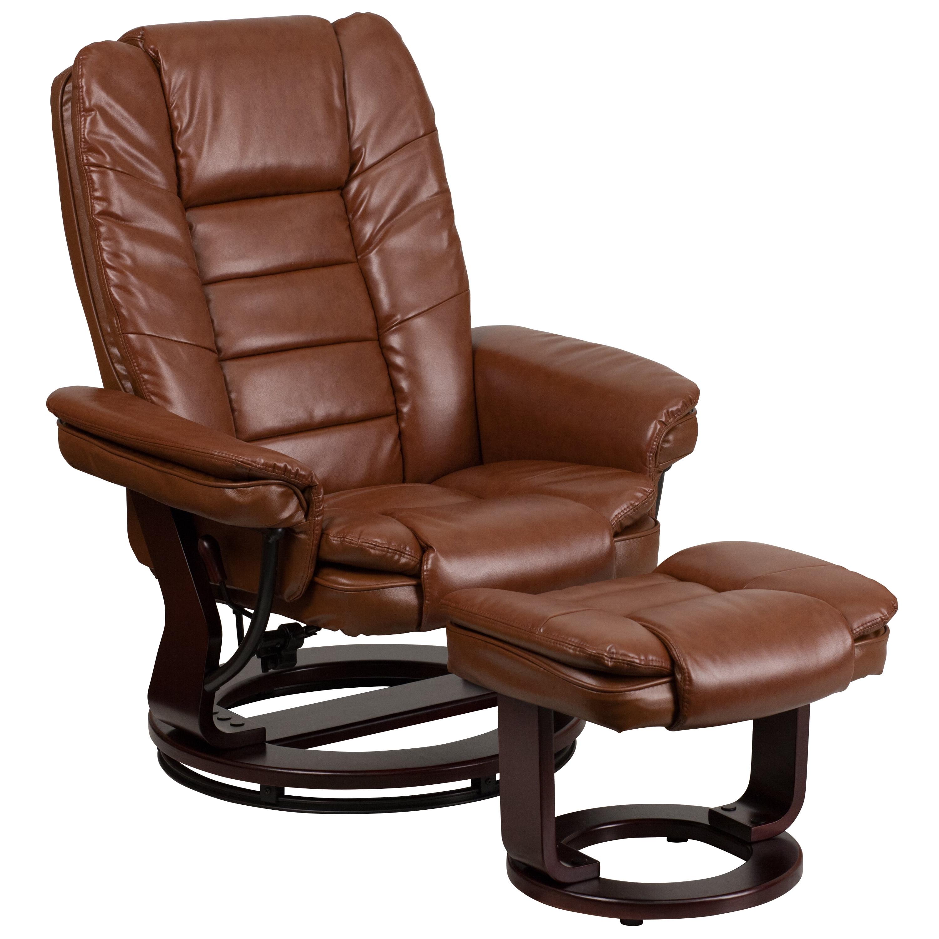 Brown Leather Swivel Recliner with Mahogany Wood Base