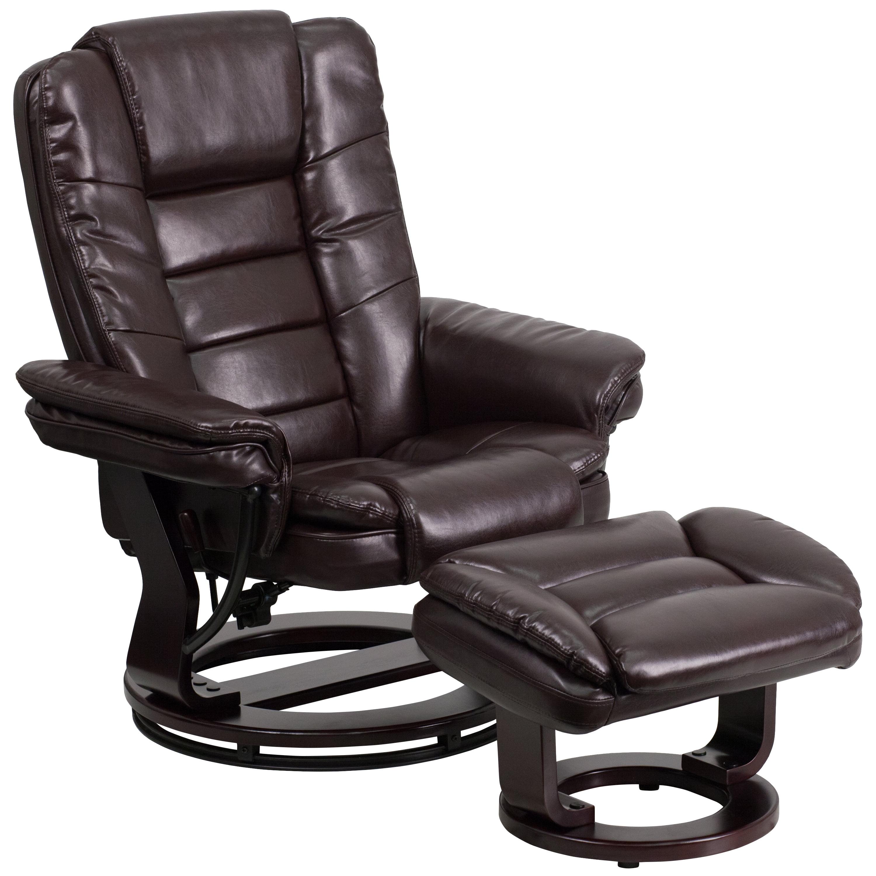 Brown Leather Swivel Recliner with Ottoman and Wood Base