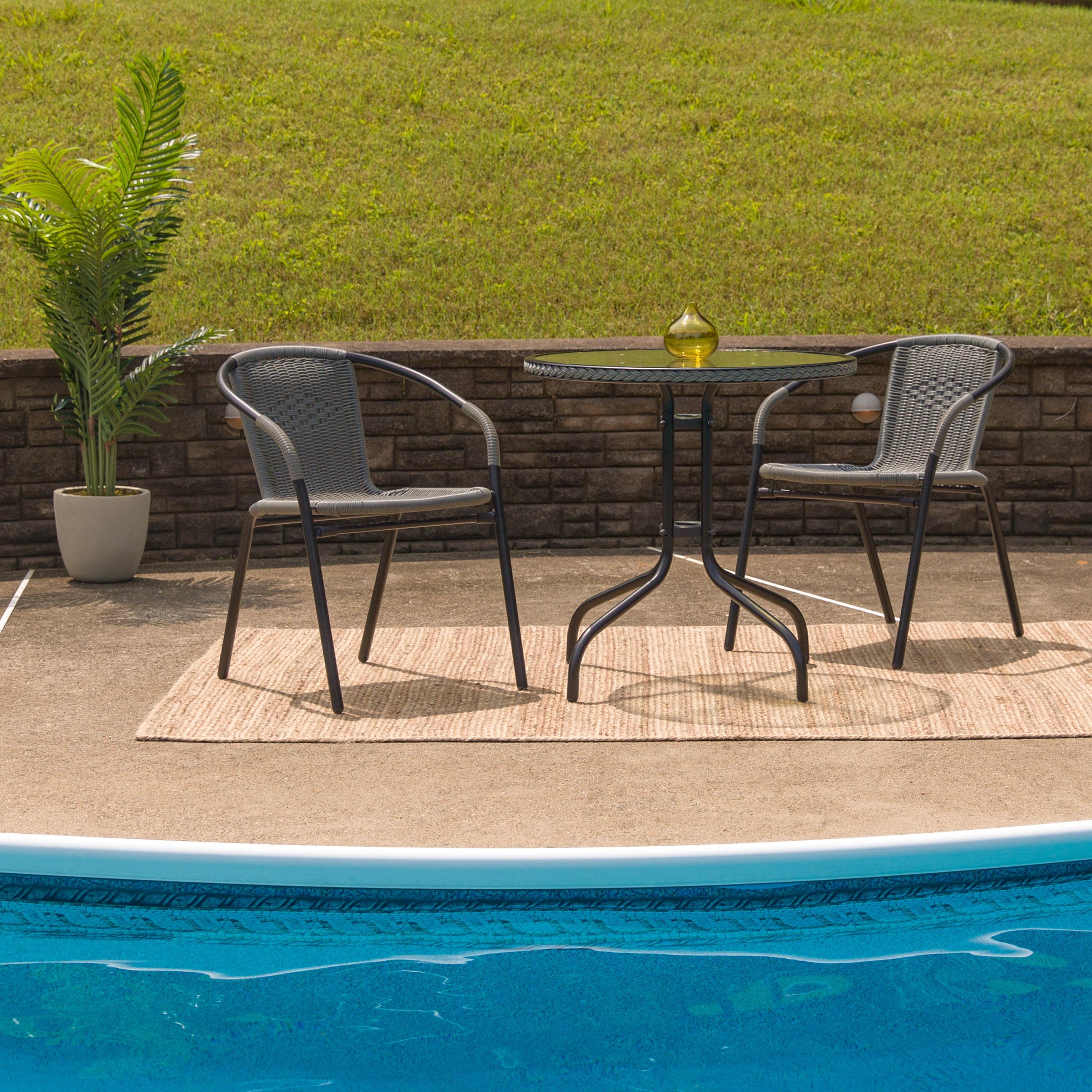 28'' Round Glass Dining Table with Gray Rattan Edge