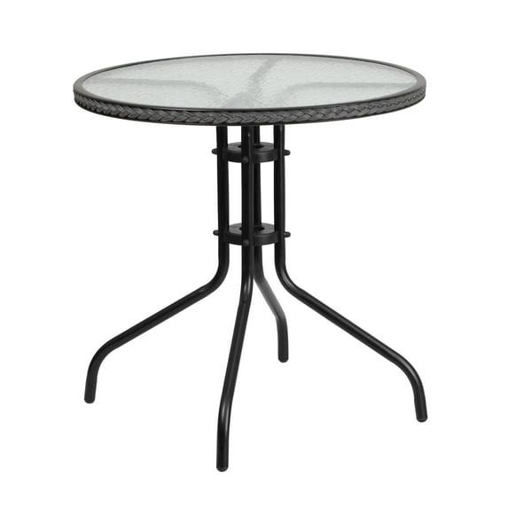 Flash Furniture Barker 28'' Round Tempered Glass Metal Table with Gray Rattan Edging