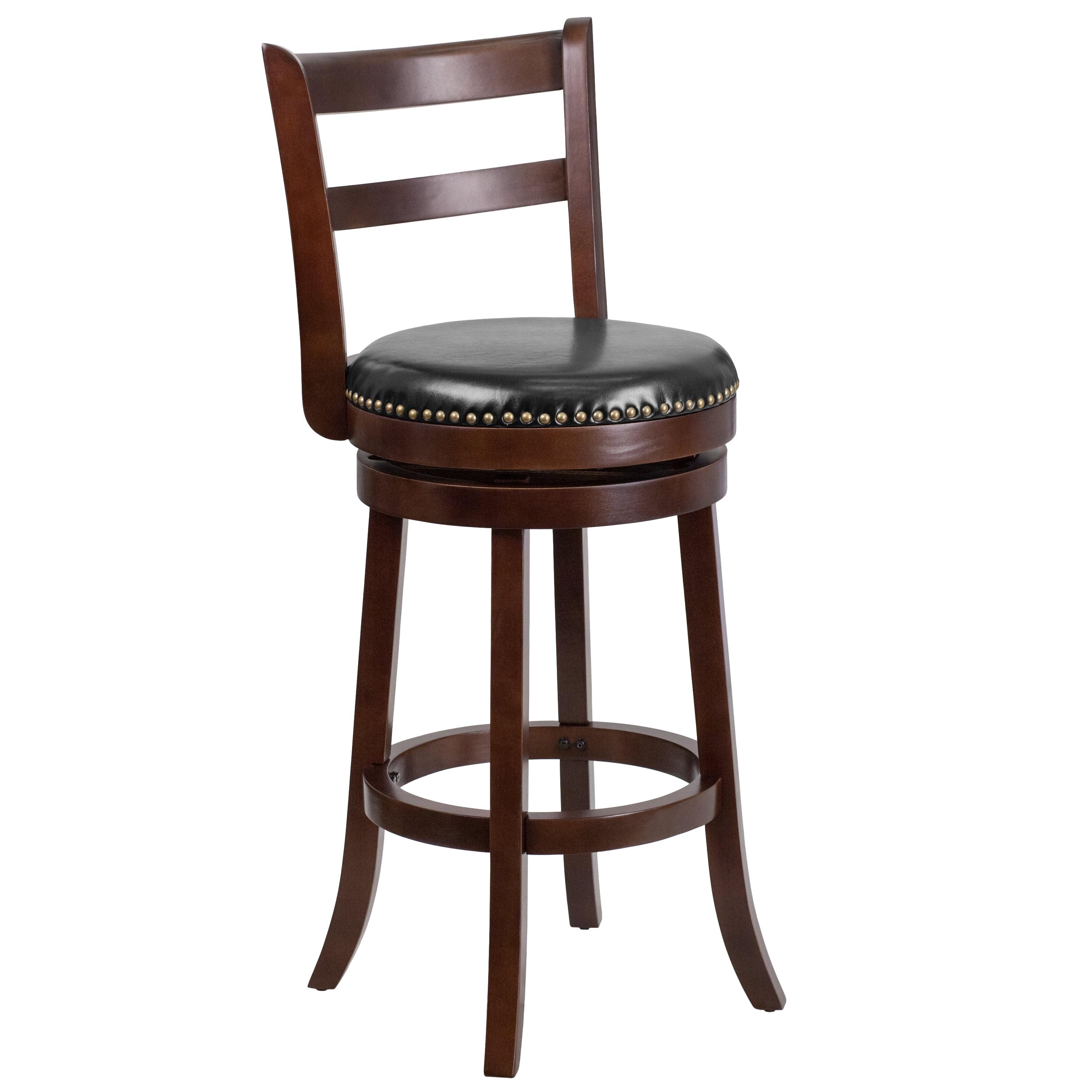 Elegant Cappuccino Wood Barstool with Black Leather Swivel Seat