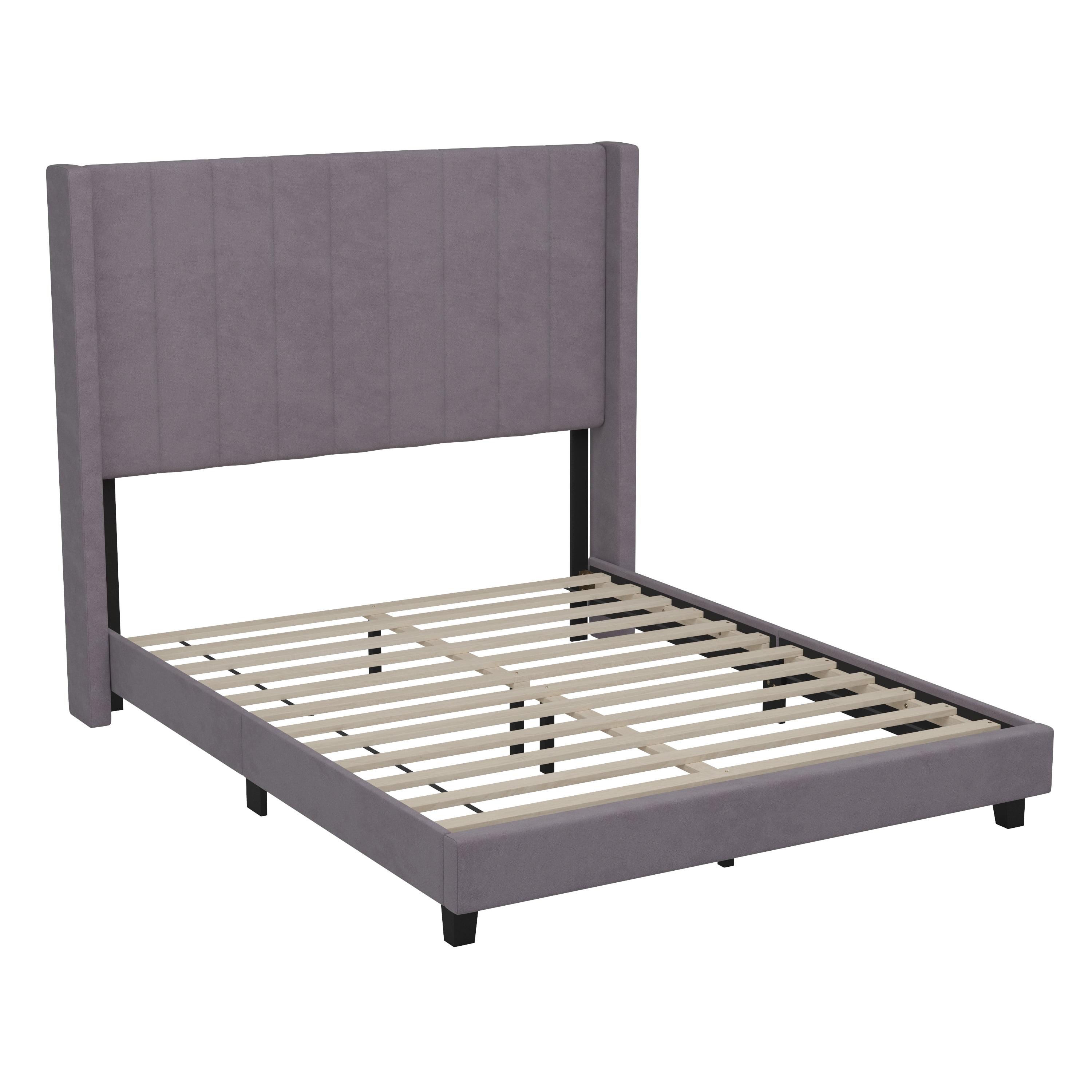 Modern Gray Velvet Upholstered Full Platform Bed with Wingback Headboard