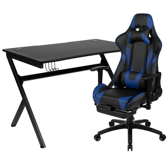 Flash Furniture Black Gaming Desk and Blue Footrest Reclining Gaming Chair Set with Cup Holder, Headphone Hook & 2 Wire Management Holes