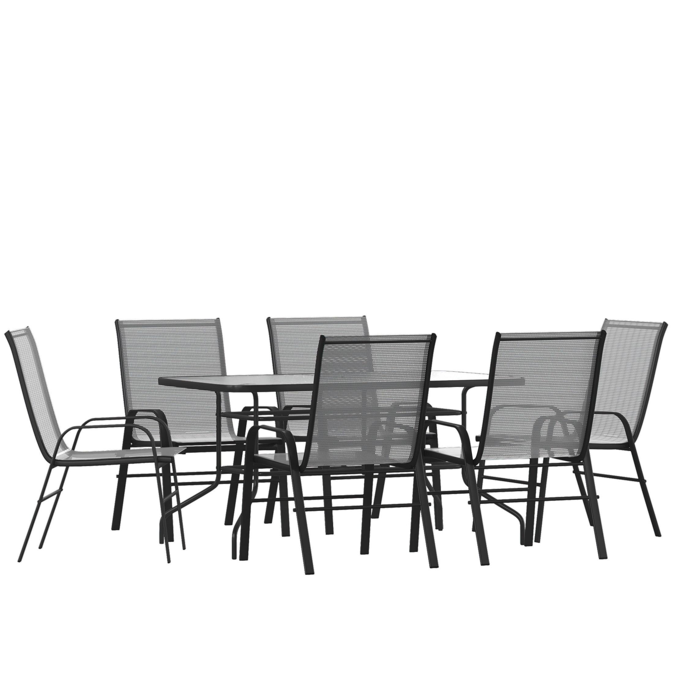 Flash Furniture 7 Piece Outdoor Patio Dining Set - 55" Tempered Glass Patio Table with Umbrella Hole, 6 Gray Flex Comfort Stack Chairs