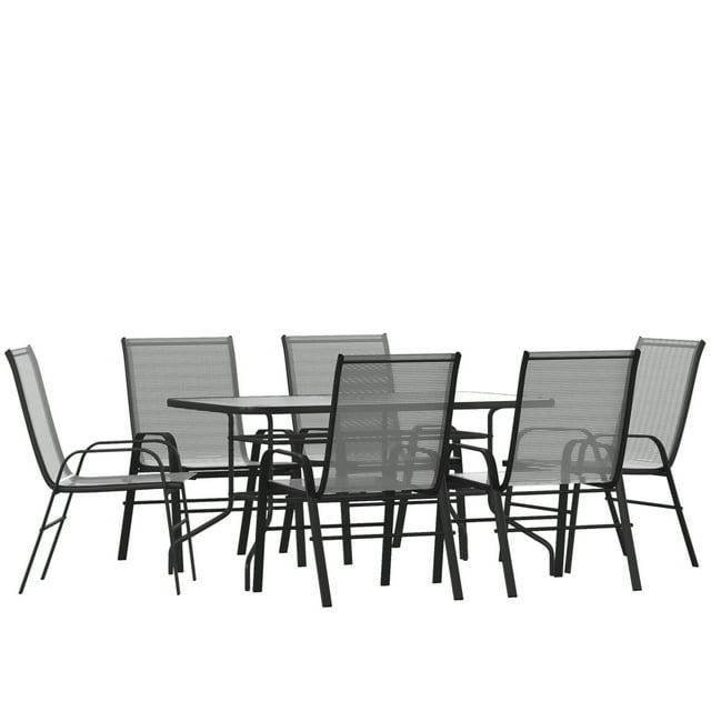 Flash Furniture 7 Piece Outdoor Patio Dining Set - 55" Tempered Glass Patio Table with Umbrella Hole, 6 Gray Flex Comfort Stack Chairs