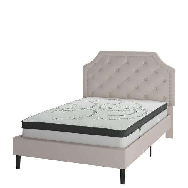 Flash Furniture Brighton Full Size Tufted Upholstered Platform Bed in Beige Fabric with 10 Inch CertiPUR-US Certified Pocket Spring Mattress