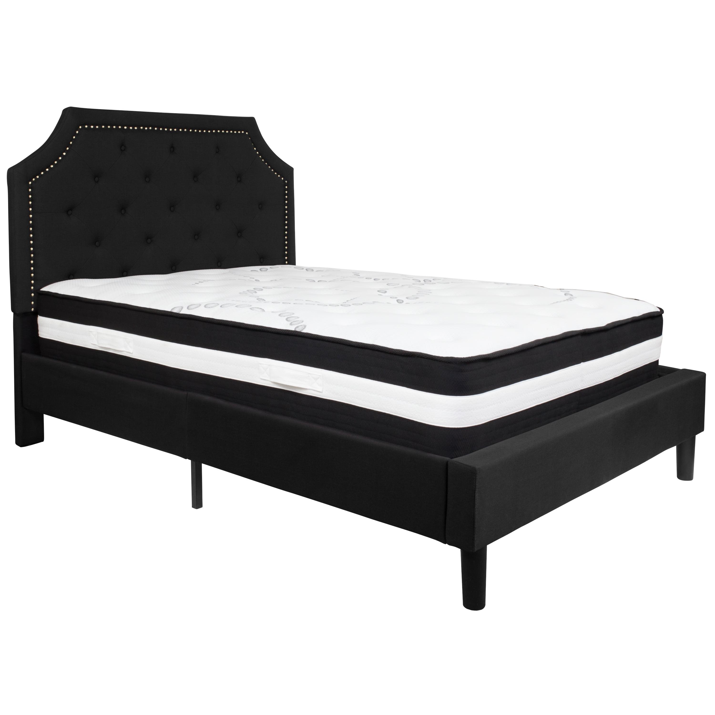 Full Black Tufted Upholstered Platform Bed with Nailhead Trim