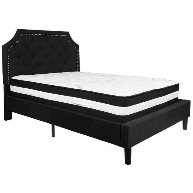 Flash Furniture Brighton Cama con Plataforma Tapizada con Capitoné de Tamaño Full en Tela Negra con Colchón de Muelles Ensacados