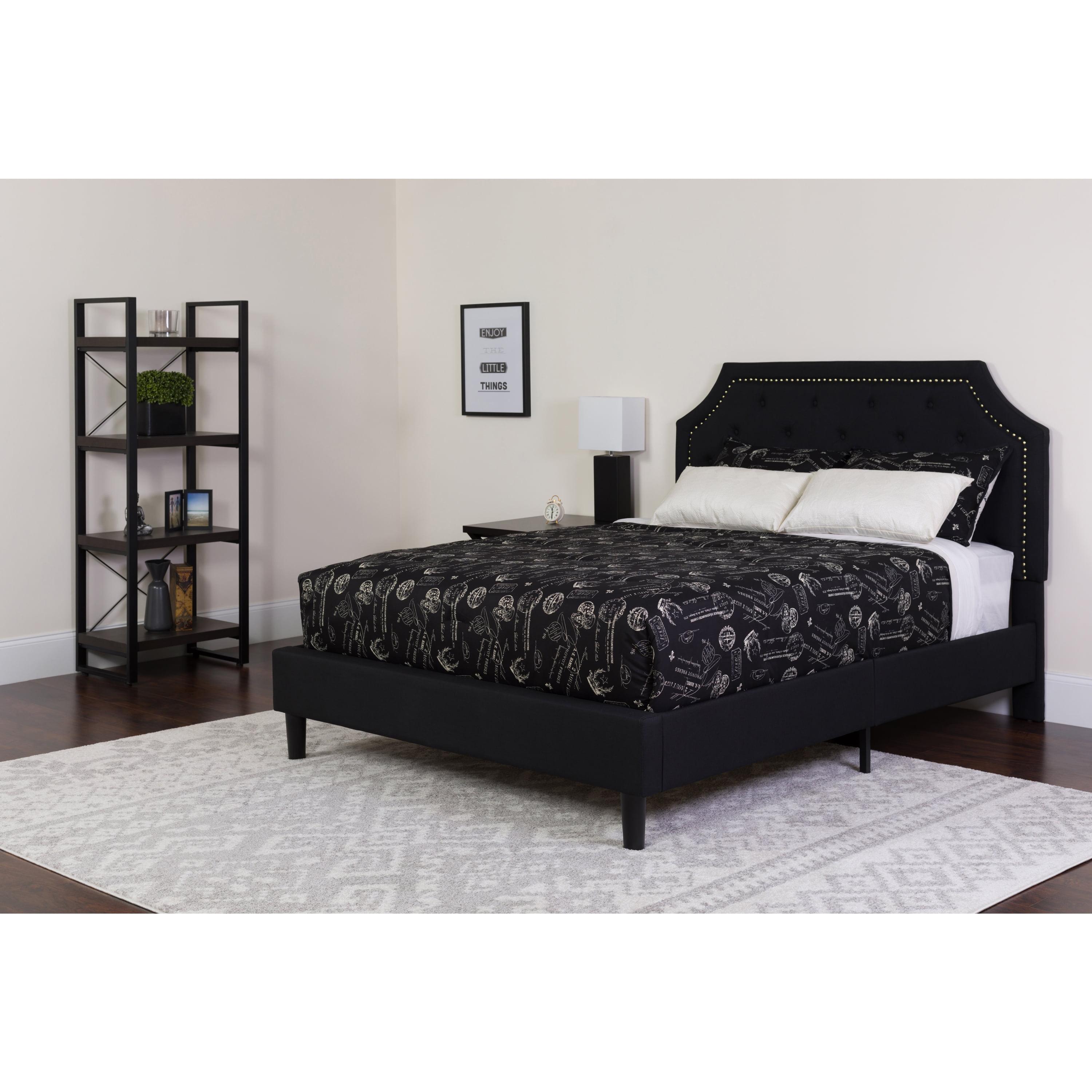 Elegant Full-Size Black Upholstered Platform Bed with Tufted Headboard