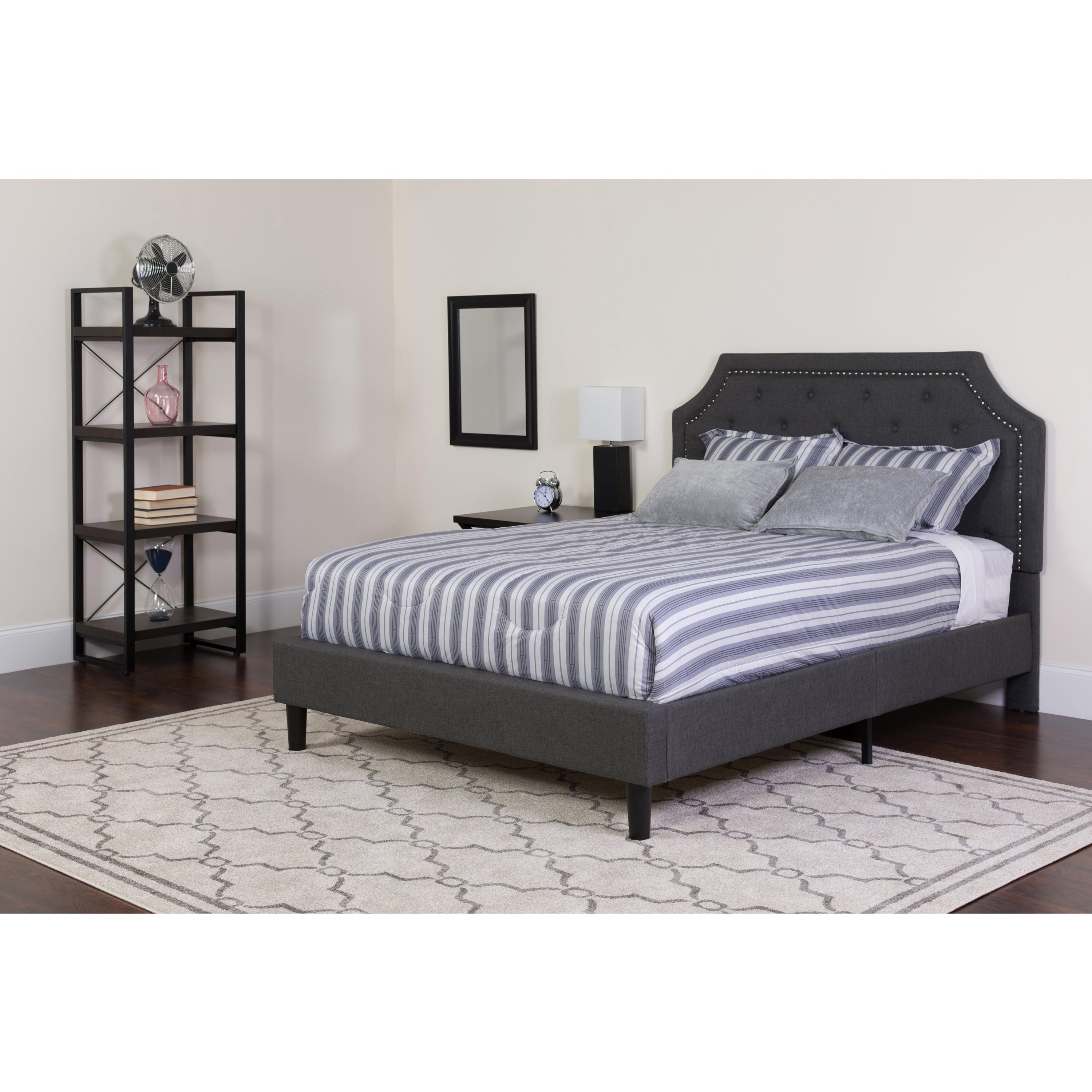 Transitional Full Platform Bed with Tufted Upholstery and Nailhead Trim in Dark Gray