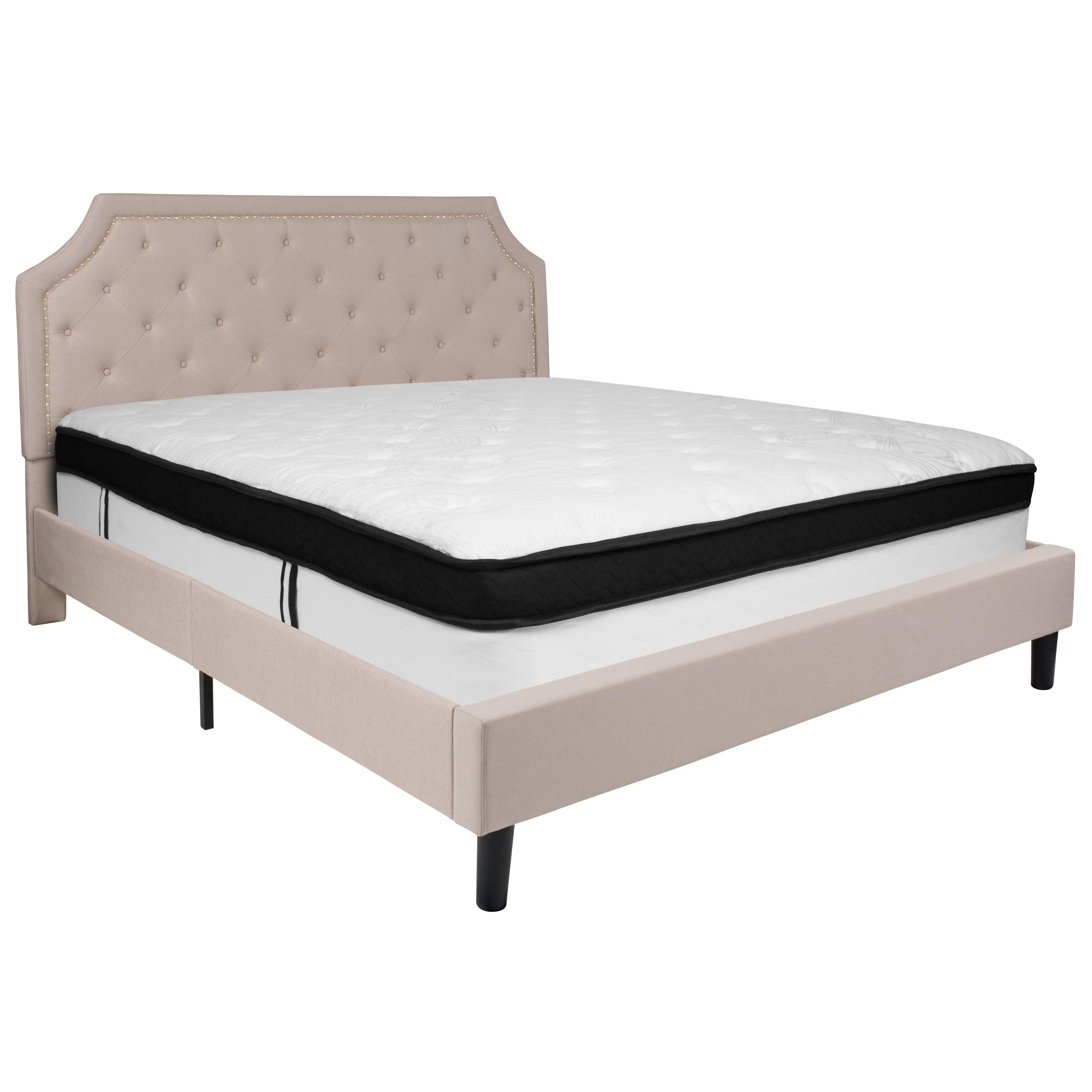 Beige King Upholstered Platform Bed with Tufted Headboard