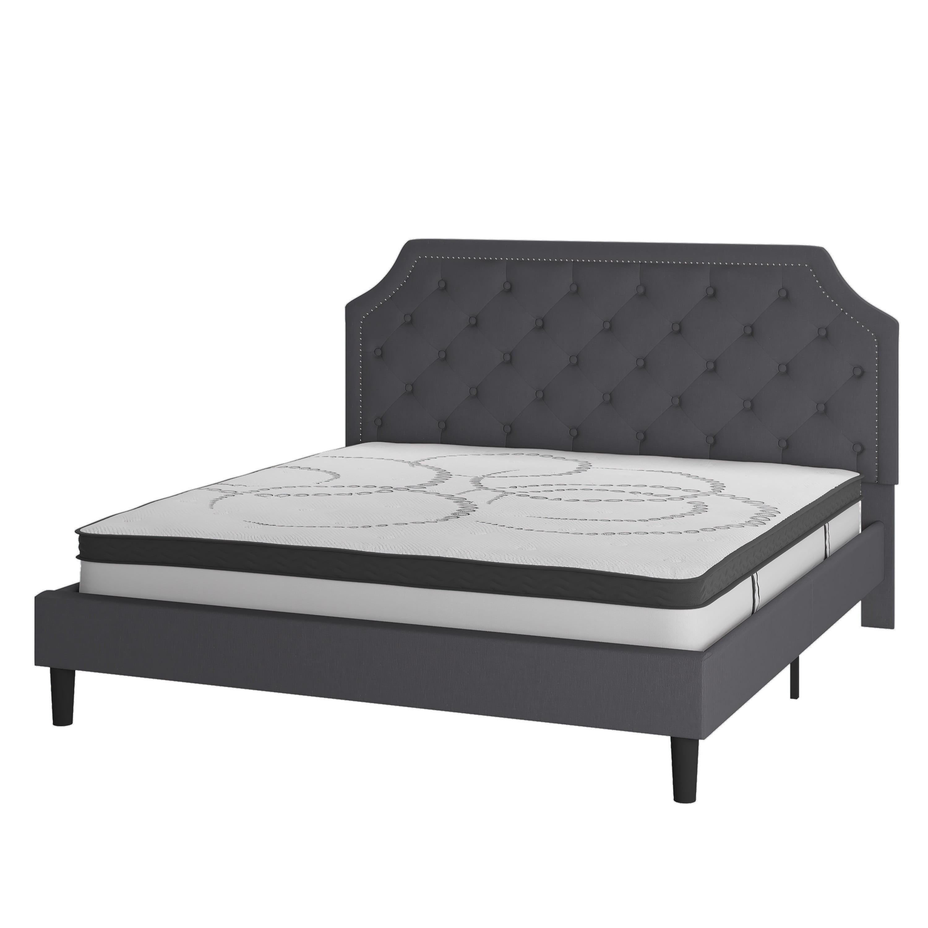 Flash Furniture Brighton King Size Tufted Upholstered Platform Bed in Dark Gray Fabric with 10 Inch CertiPUR-US Certified Pocket Spring Mattress