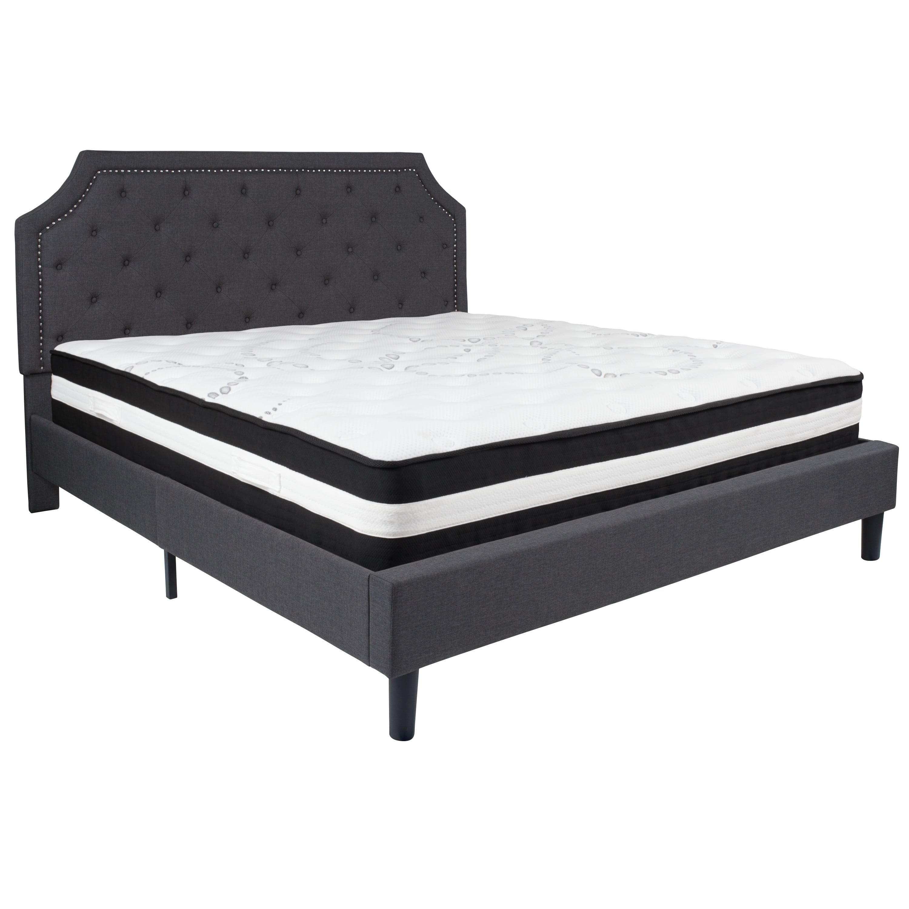 King Dark Gray Upholstered Platform Bed with Tufted Headboard