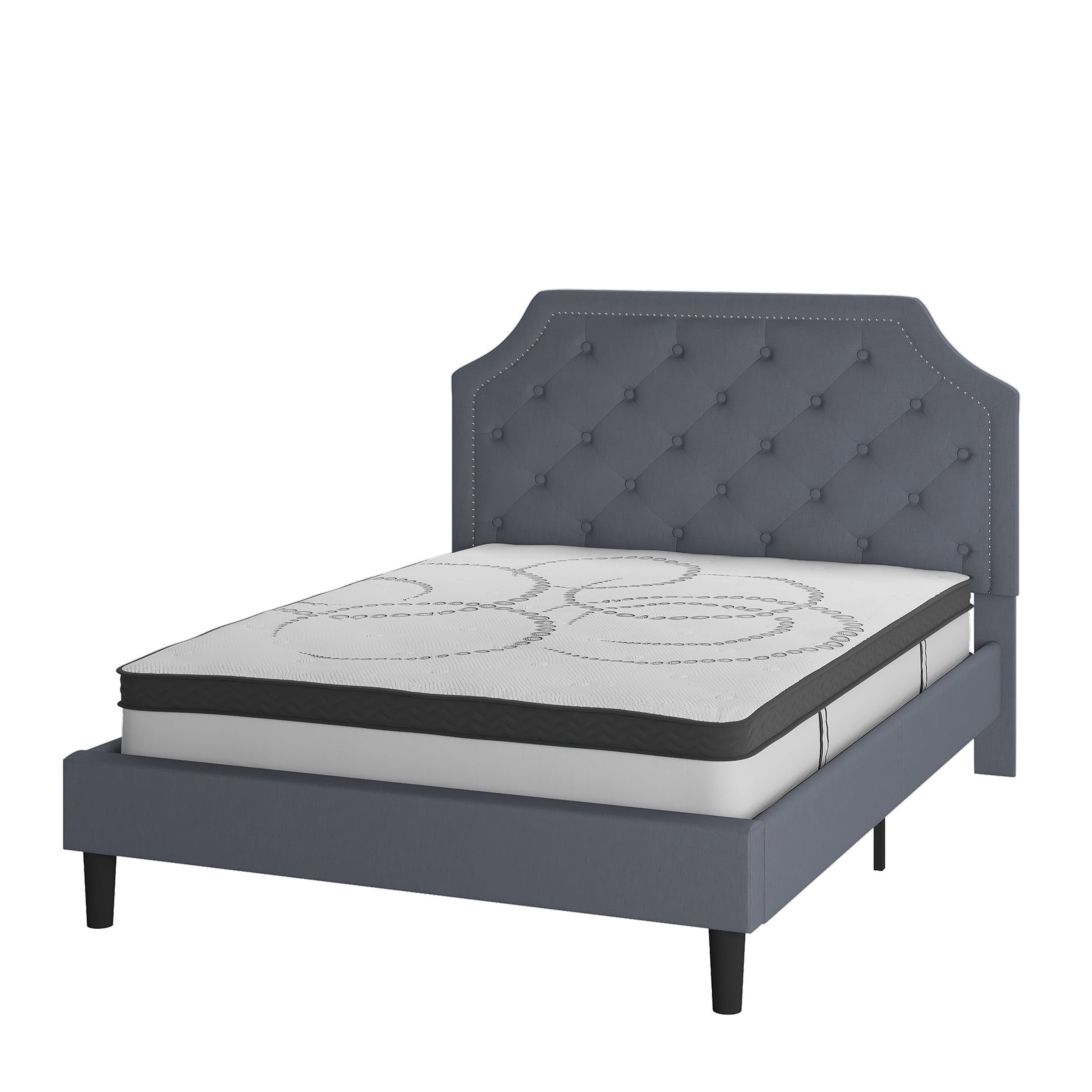 Brighton Queen Light Gray Tufted Upholstered Platform Bed with Nailhead Trim