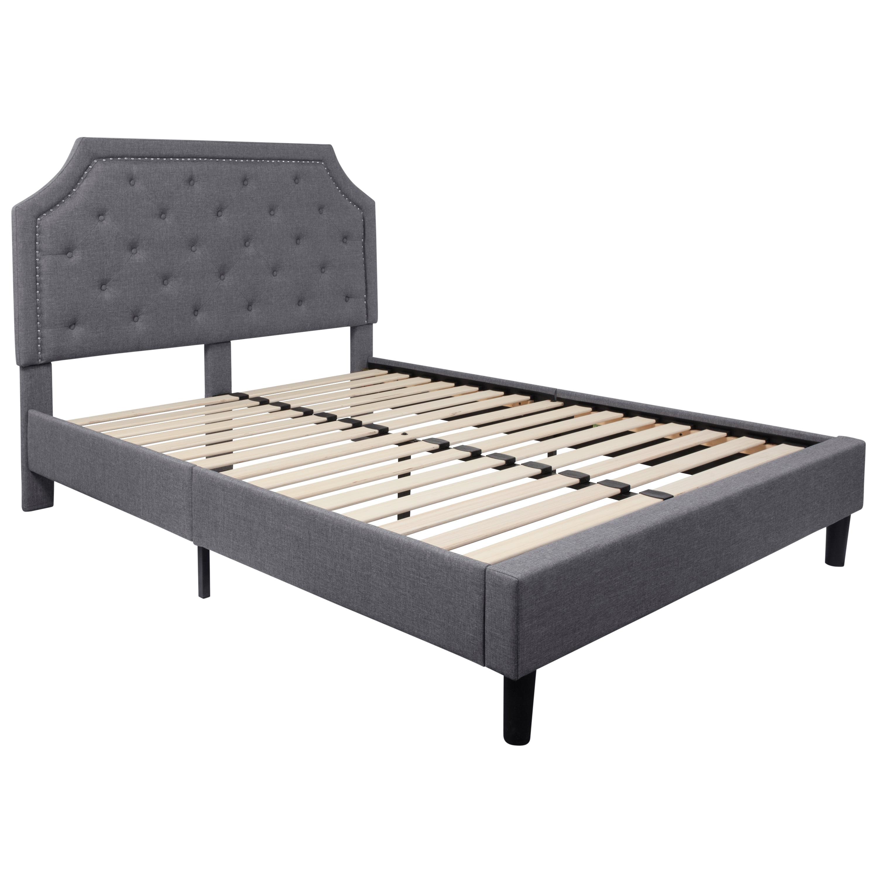 Light Gray Queen Upholstered Platform Bed with Tufted Headboard