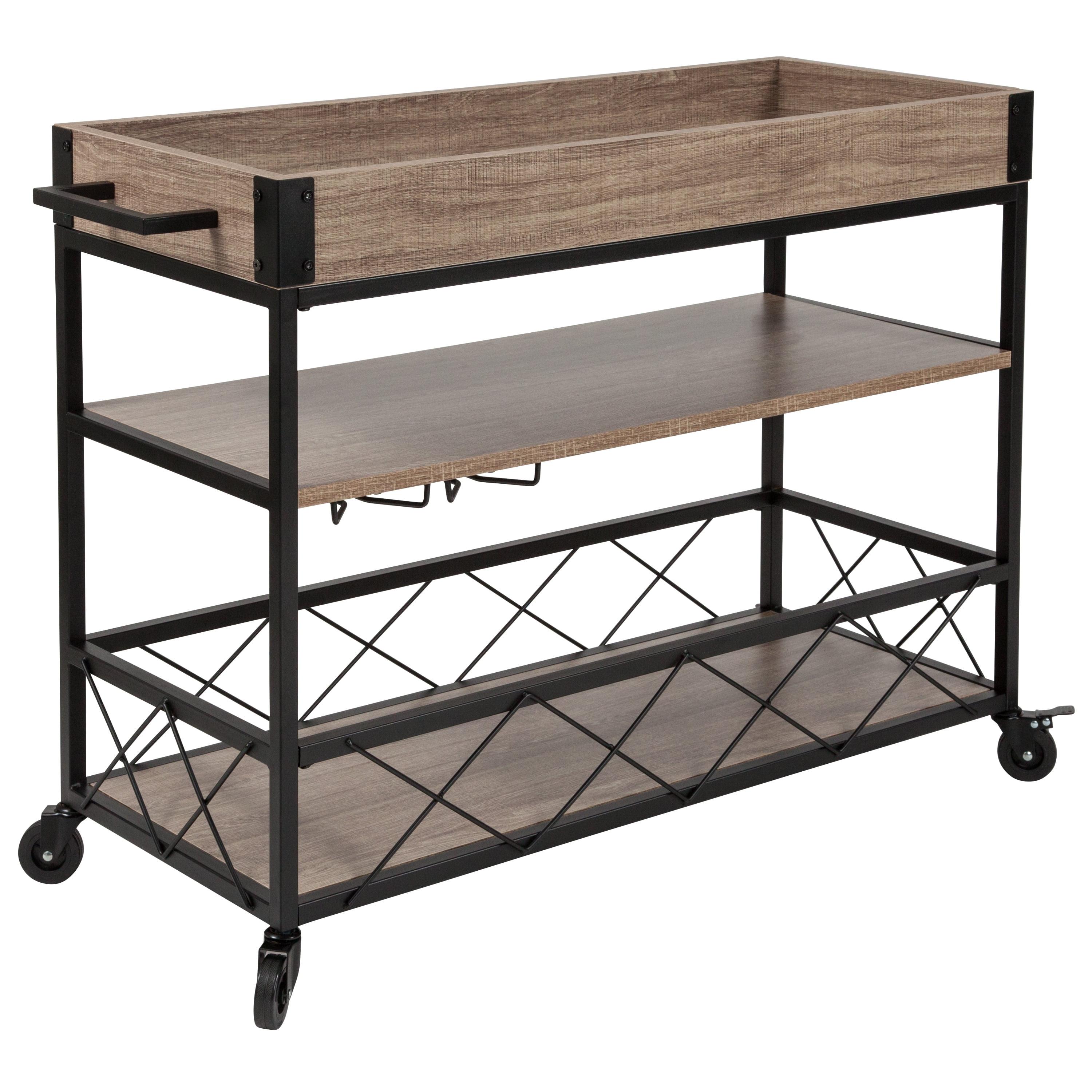 Buckhead Light Oak and Iron Rectangular Bar Cart with Wine Storage