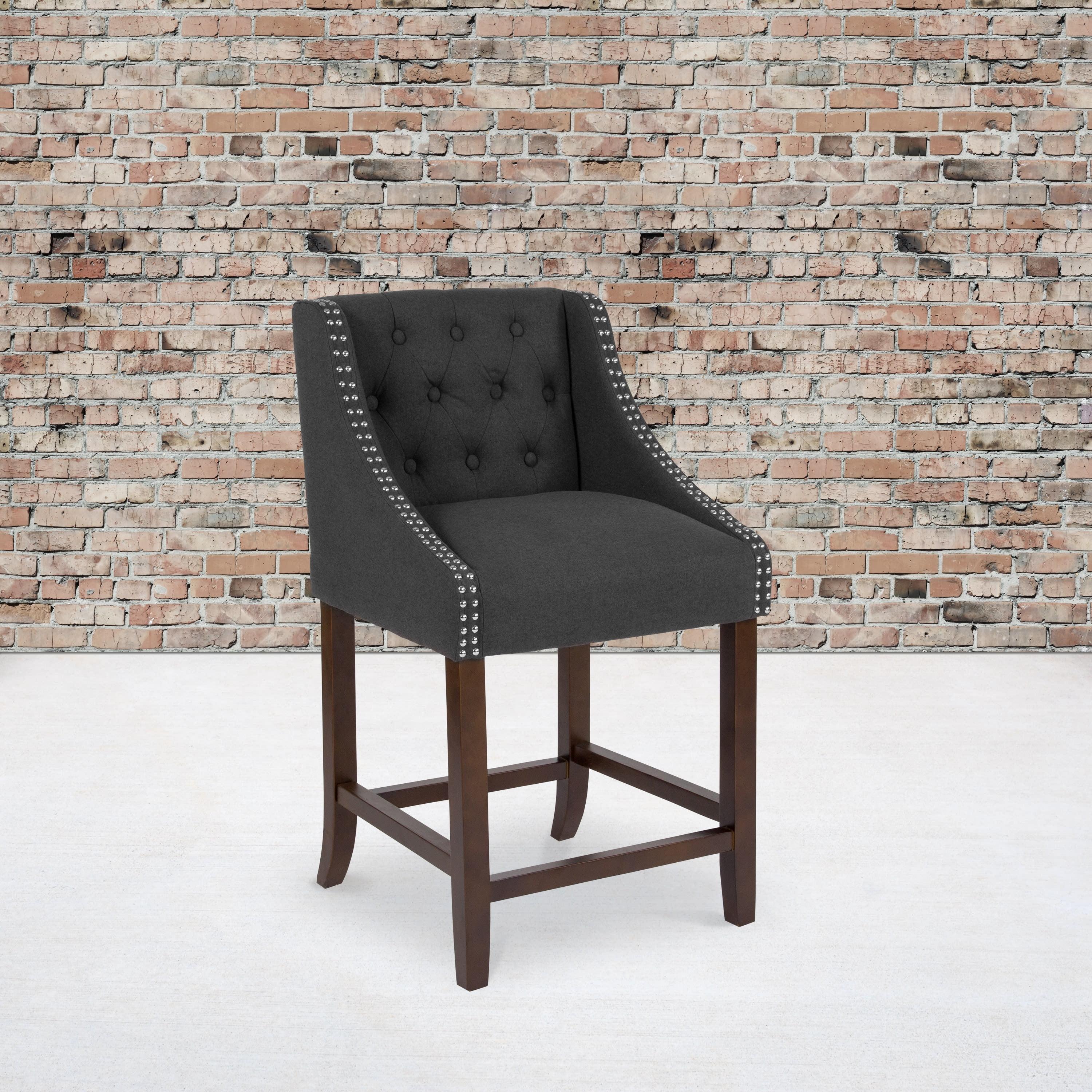 Black Tufted Leather Saddle Style Counter Stool with Walnut Frame