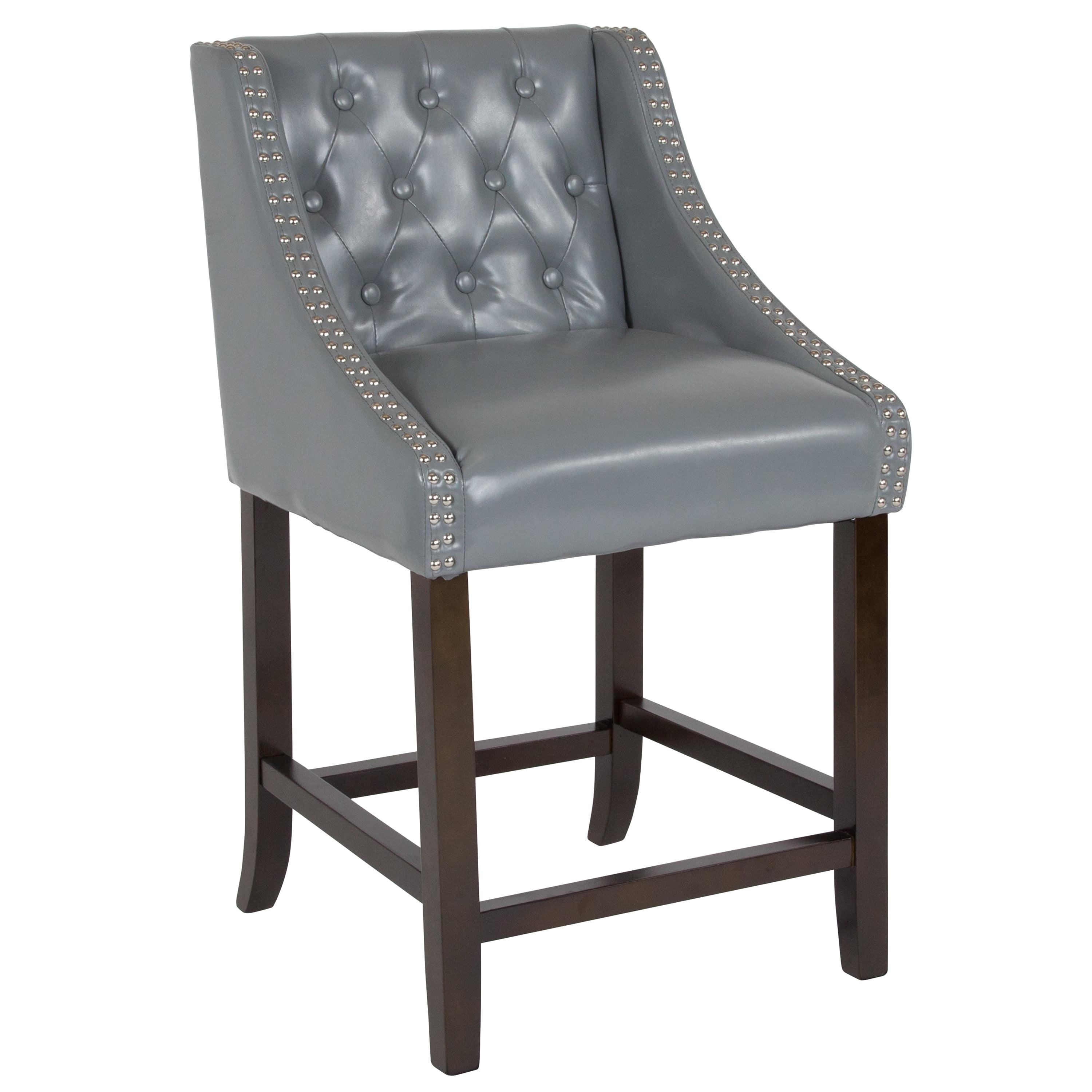 Gray Leather Tufted Walnut Counter Height Stool