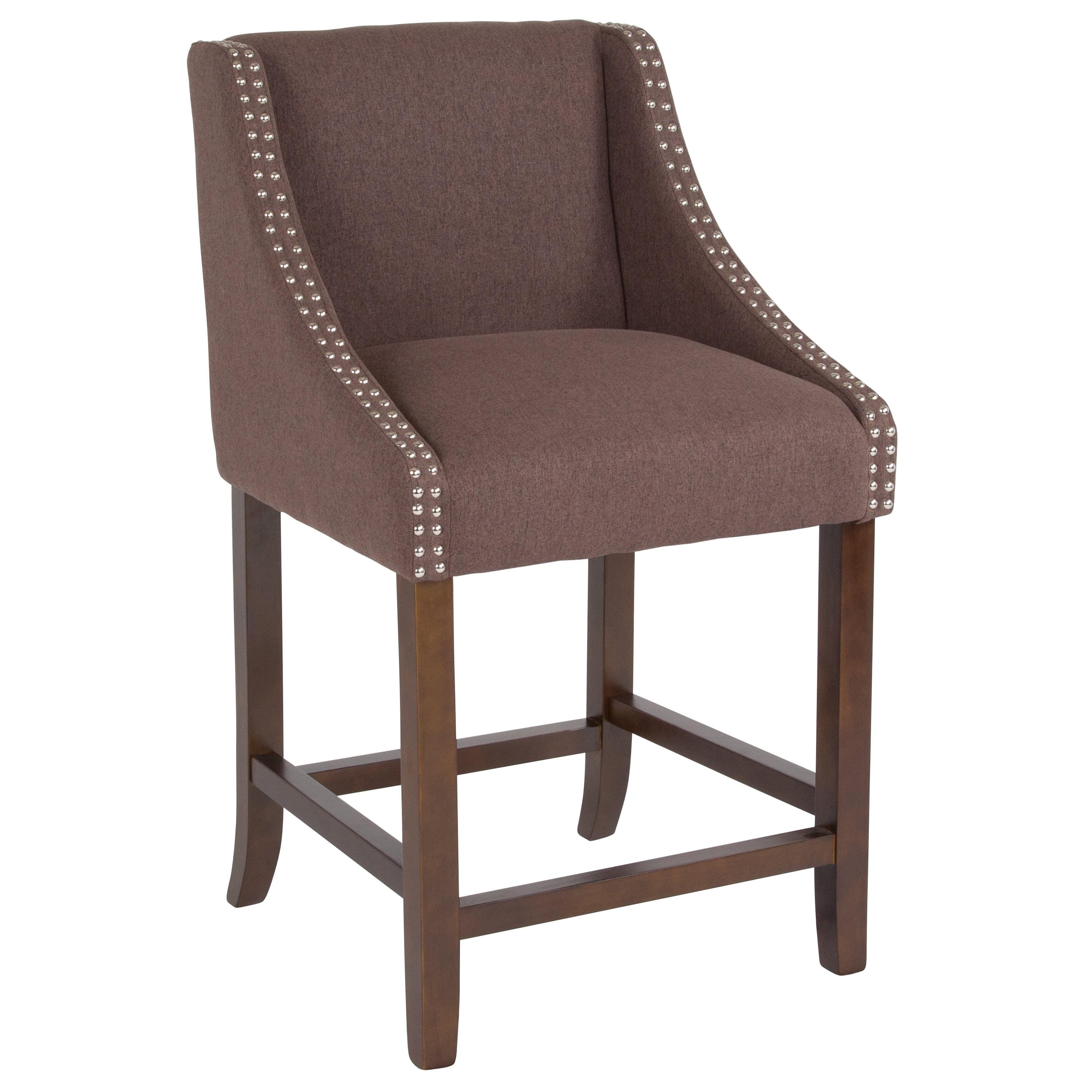 Transitional Walnut Swivel Counter Stool with Brown Fabric and Nailhead Trim