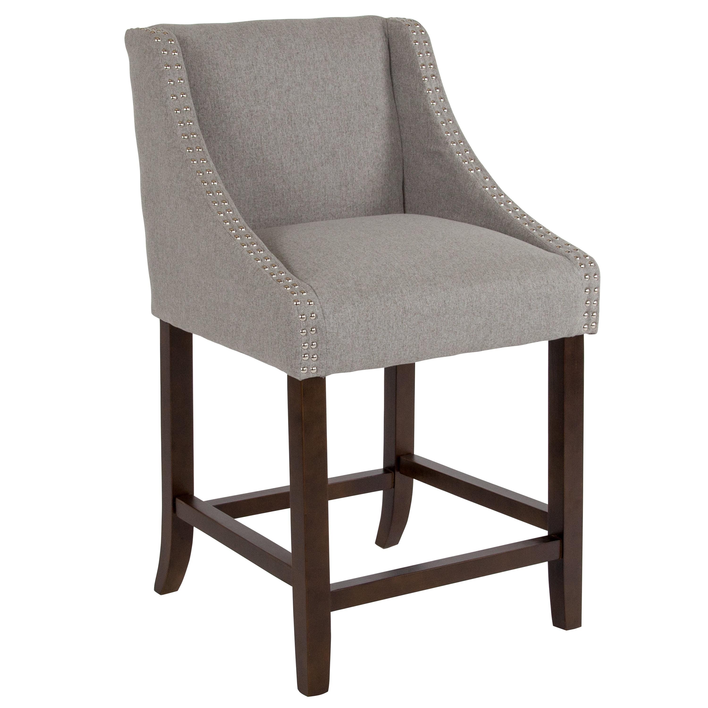 Flash Furniture Carmel Series 24" High Transitional Walnut Counter Height Stool with Accent Nail Trim in Light Gray Fabric
