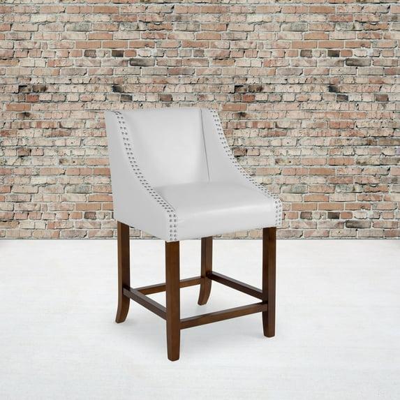 Flash Furniture Carmel Series 24" High Transitional Walnut Counter Height Stool with Nail Trim in White LeatherSoft