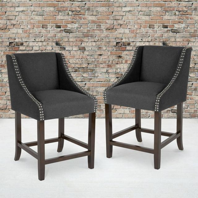 Flash Furniture Carmel Series 24" High Transitional Walnut Counter Height Stool with Nail Trim in Charcoal Fabric, Set of 2
