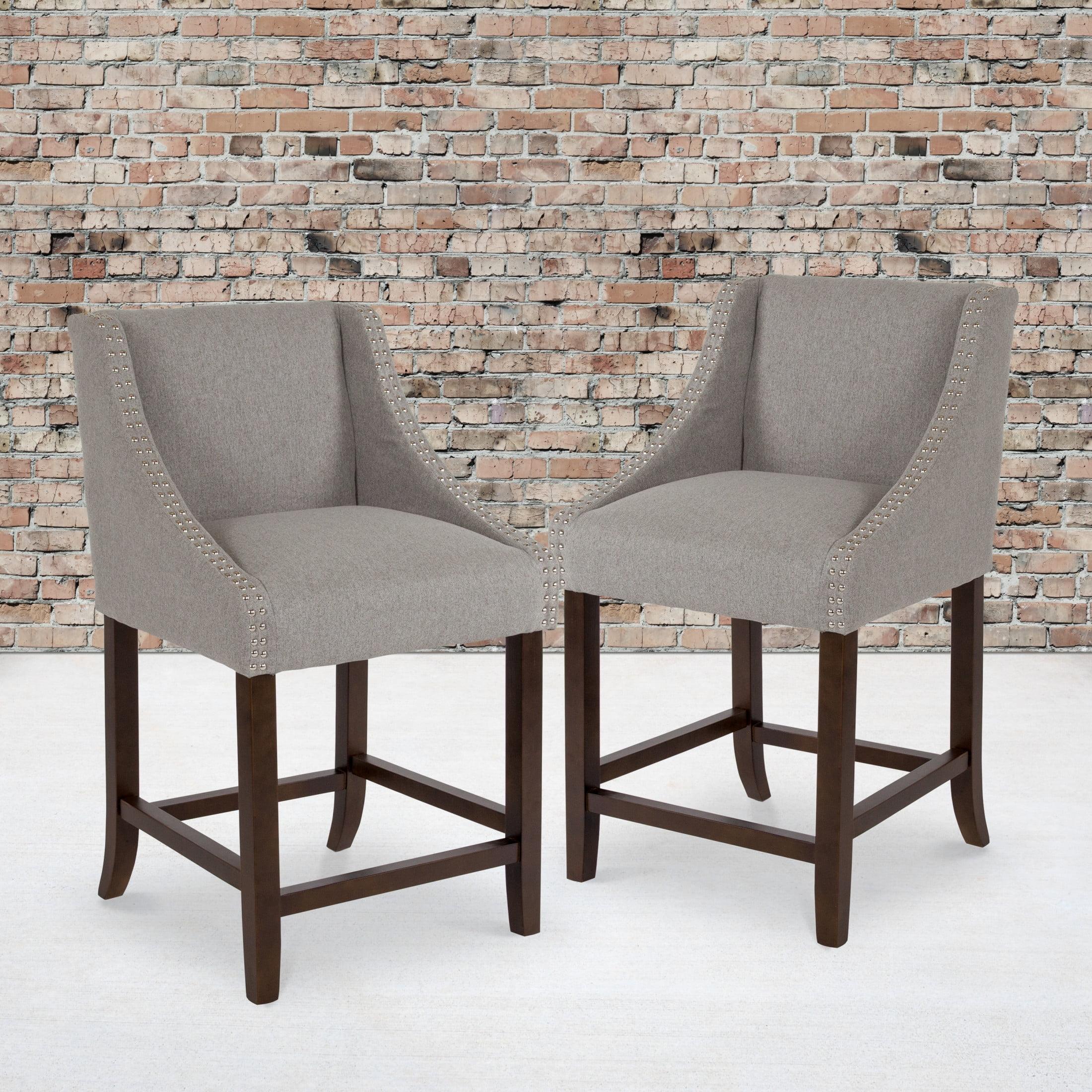Flash Furniture Carmel Series 24" High Transitional Walnut Counter Height Stool with Nail Trim in Light Gray Fabric, Set of 2