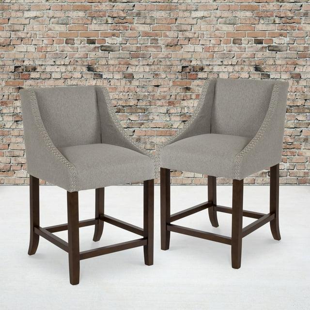 Flash Furniture Carmel Series 24" High Transitional Walnut Counter Height Stool with Nail Trim in Light Gray Fabric, Set of 2