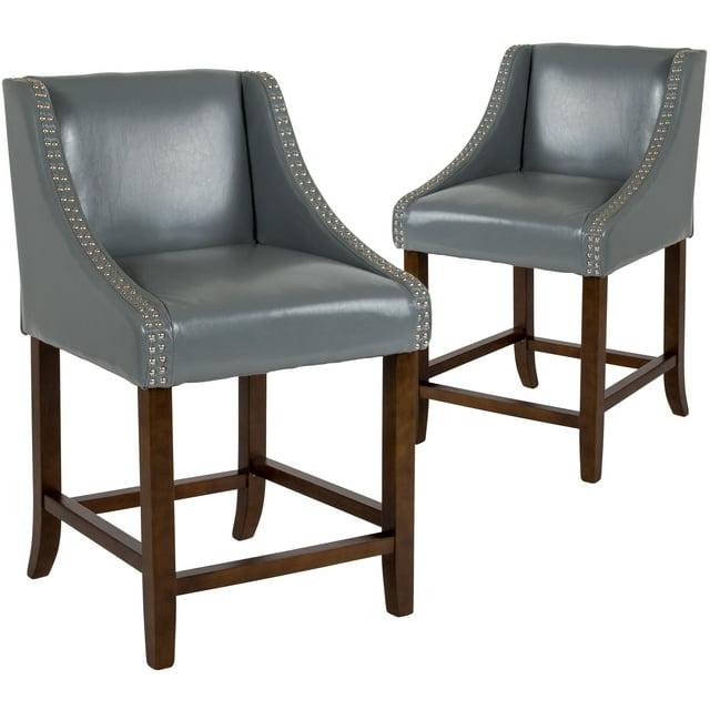 Flash Furniture Carmel Series 24" High Transitional Walnut Counter Height Stool with Nail Trim in Light Gray LeatherSoft, Set of 2