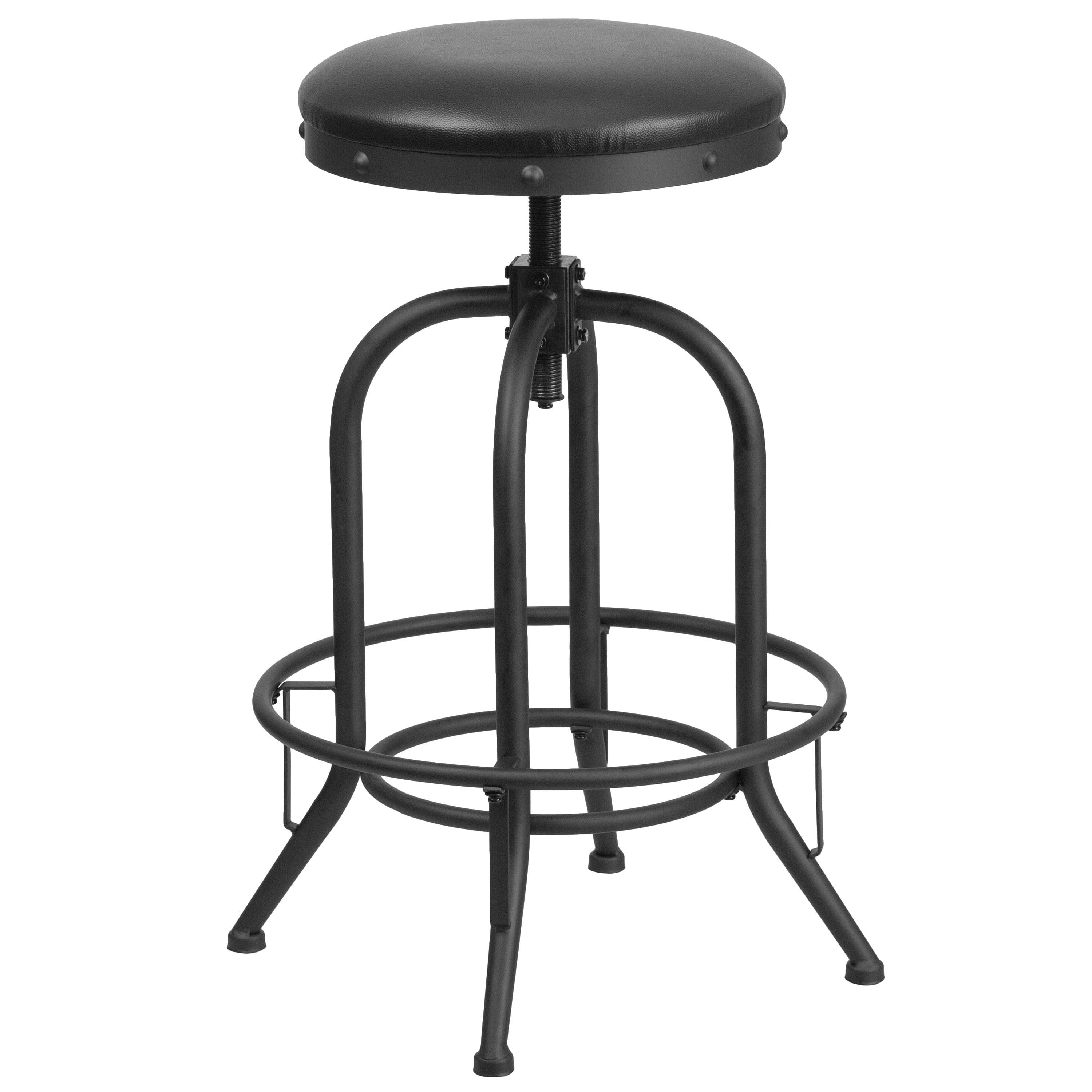 Adjustable Black Leather Swivel Backless Metal Barstool