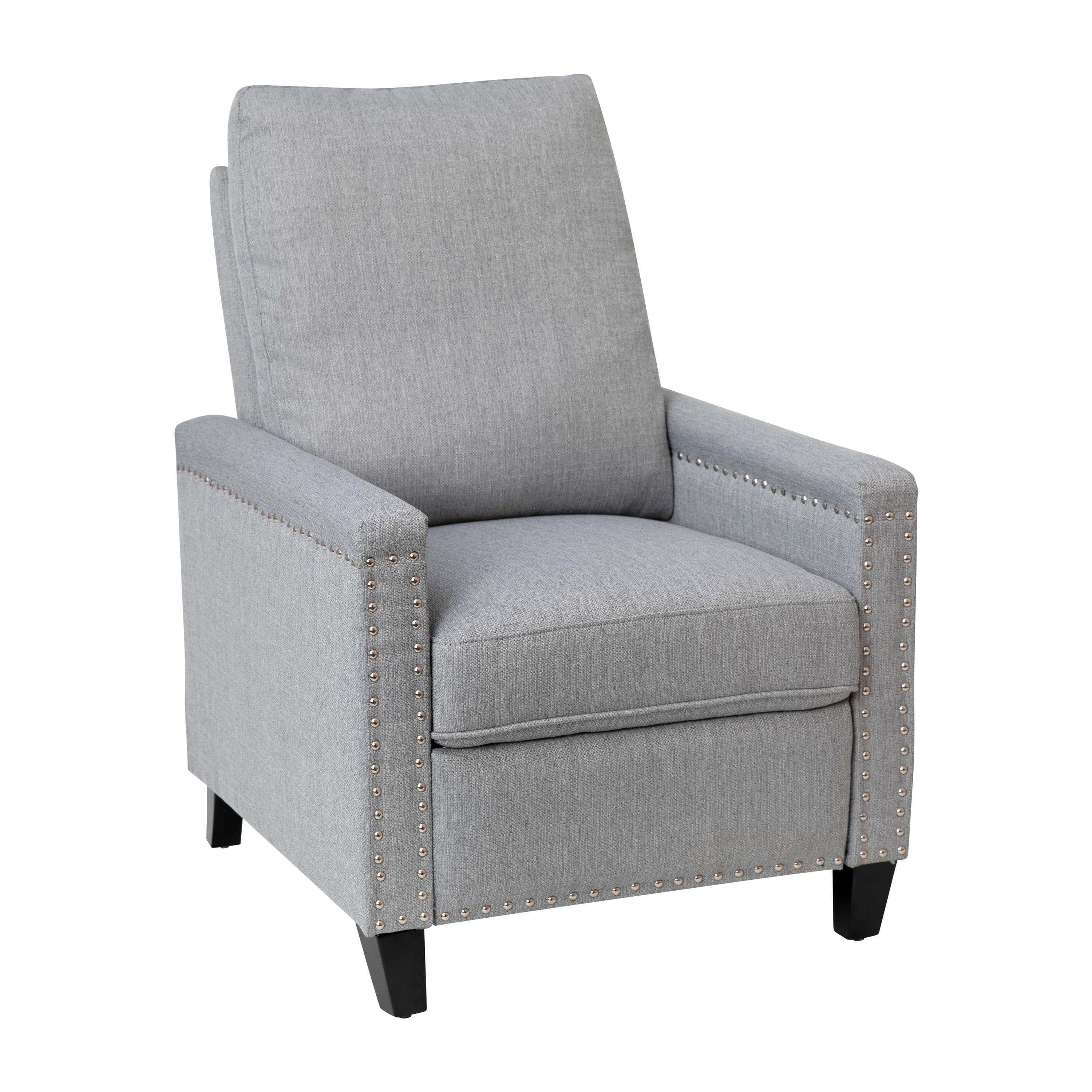 Carson Light Gray Fabric Push Back Recliner with Nailhead Trim