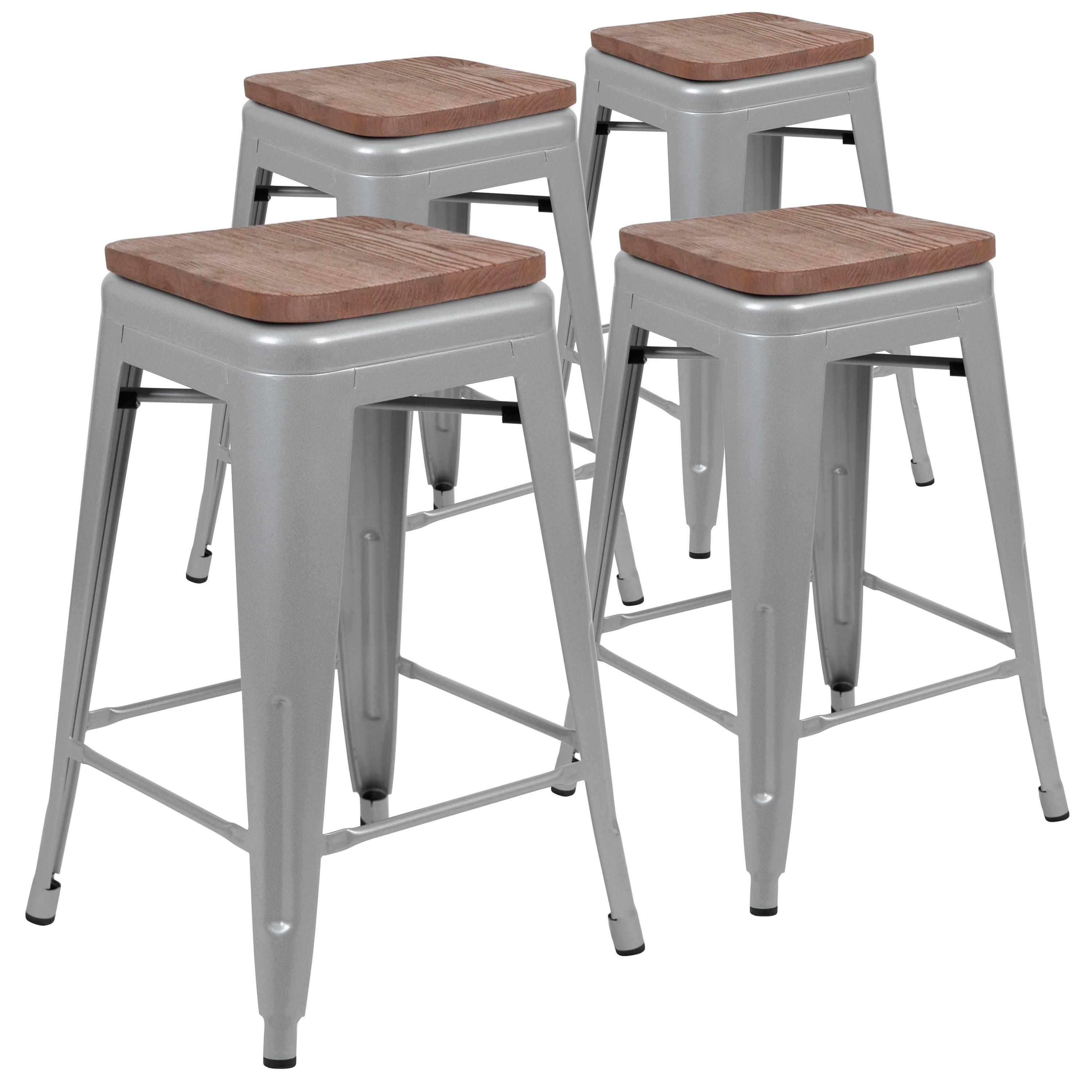 Modern 24" Silver Metal and Wood Stackable Bar Stools - Set of 4