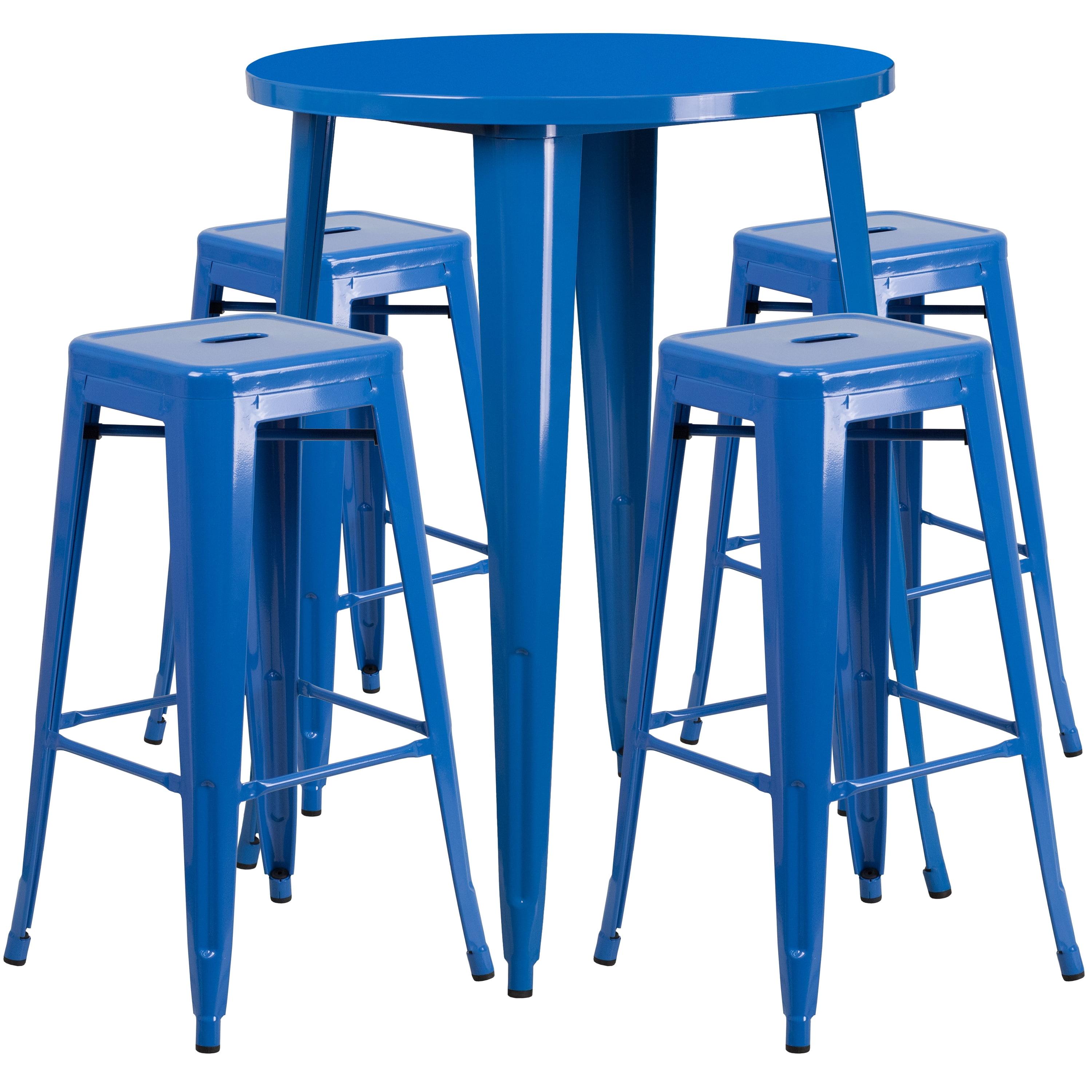 Flash Furniture Commercial Grade 30" Round Blue Metal Indoor-Outdoor Bar Table Set with 4 Square Seat Backless Stools