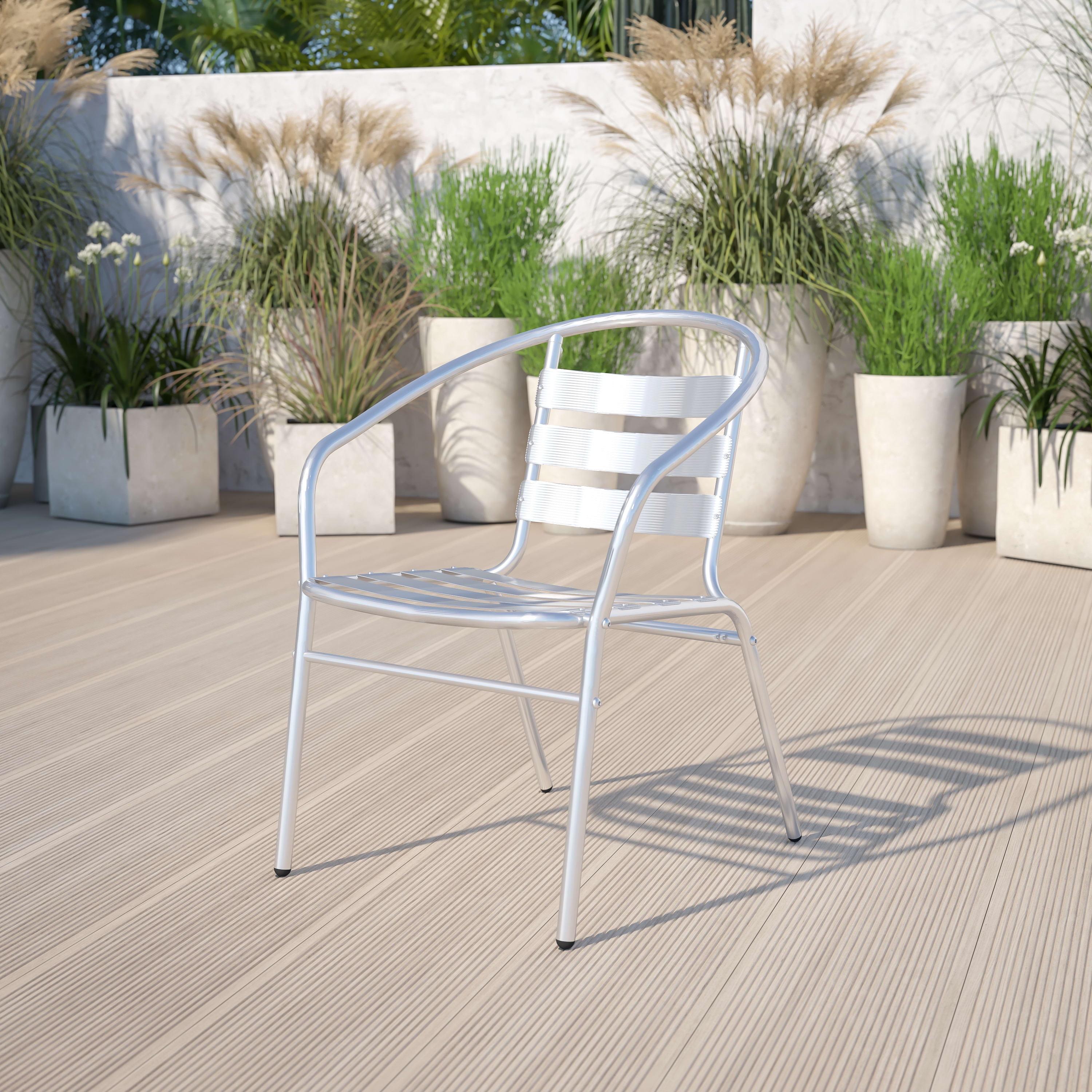 Silver Aluminum Indoor-Outdoor Stackable Dining Chair with Arms